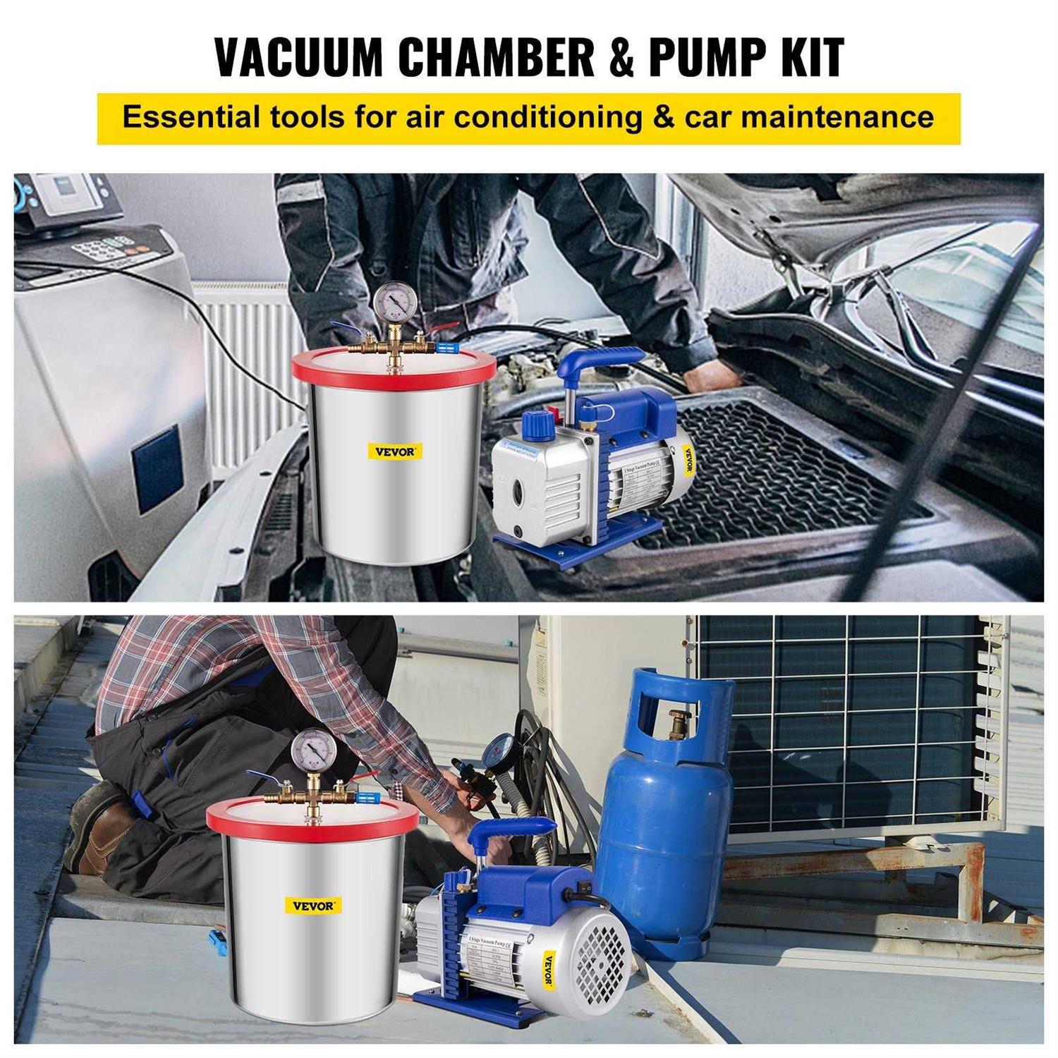 VEVOR Vacuum Pump 2 Gallon Vacuum Chamber Silicone Expoxy Degassing with 4CFM 1/3HP Single Stage Vacuum Gauge QCKTZKB4CFM1-3J2TV1 - MT - Mrs Treak
