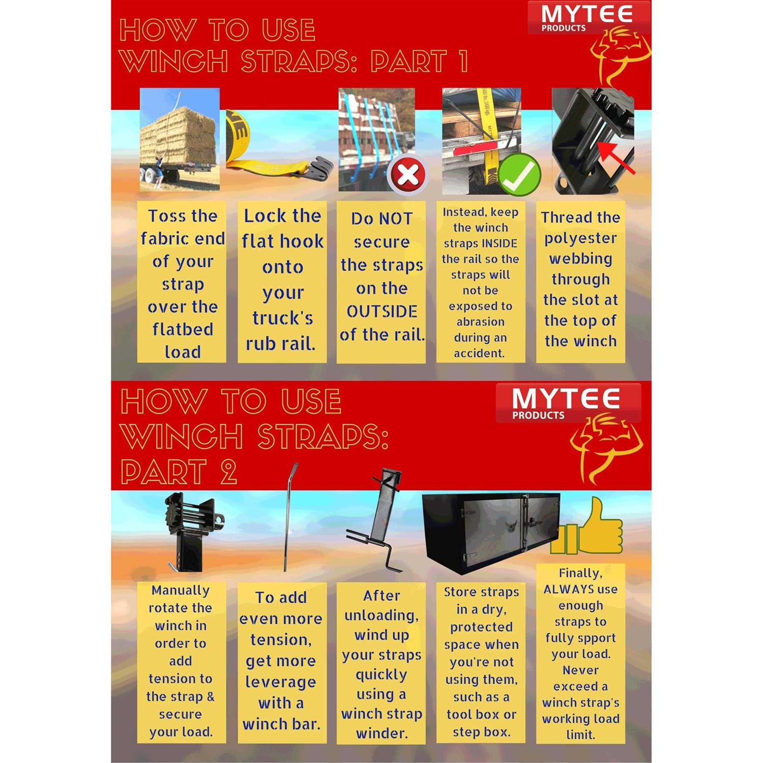 Mytee Products Kinedyne Winch Straps 4 x Heavy Duty Tie Down w/Flat Hooks WLL# 5400 lbs - MT - Mrs Treak