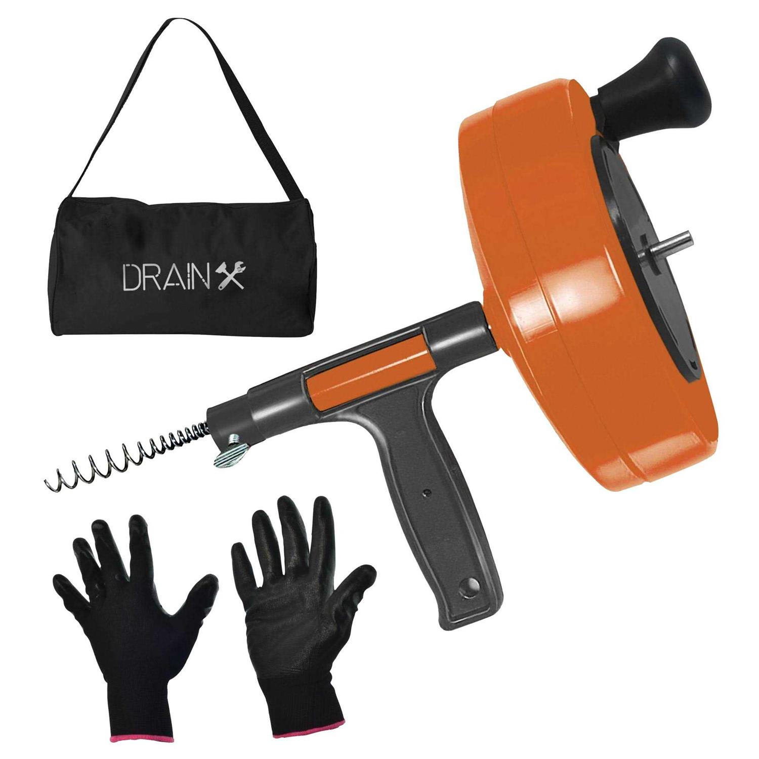 Drainx Heavy-Duty-Steel Pro Drum Drain Auger, 25 Ft., with Work Gloves and Carrying Pouch - MT - Mrs Treak