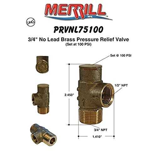 Merrill Mfg PRVNL75100 No Lead Brass Pressure Relief Valve 100 PSI - MT - Mrs Treak