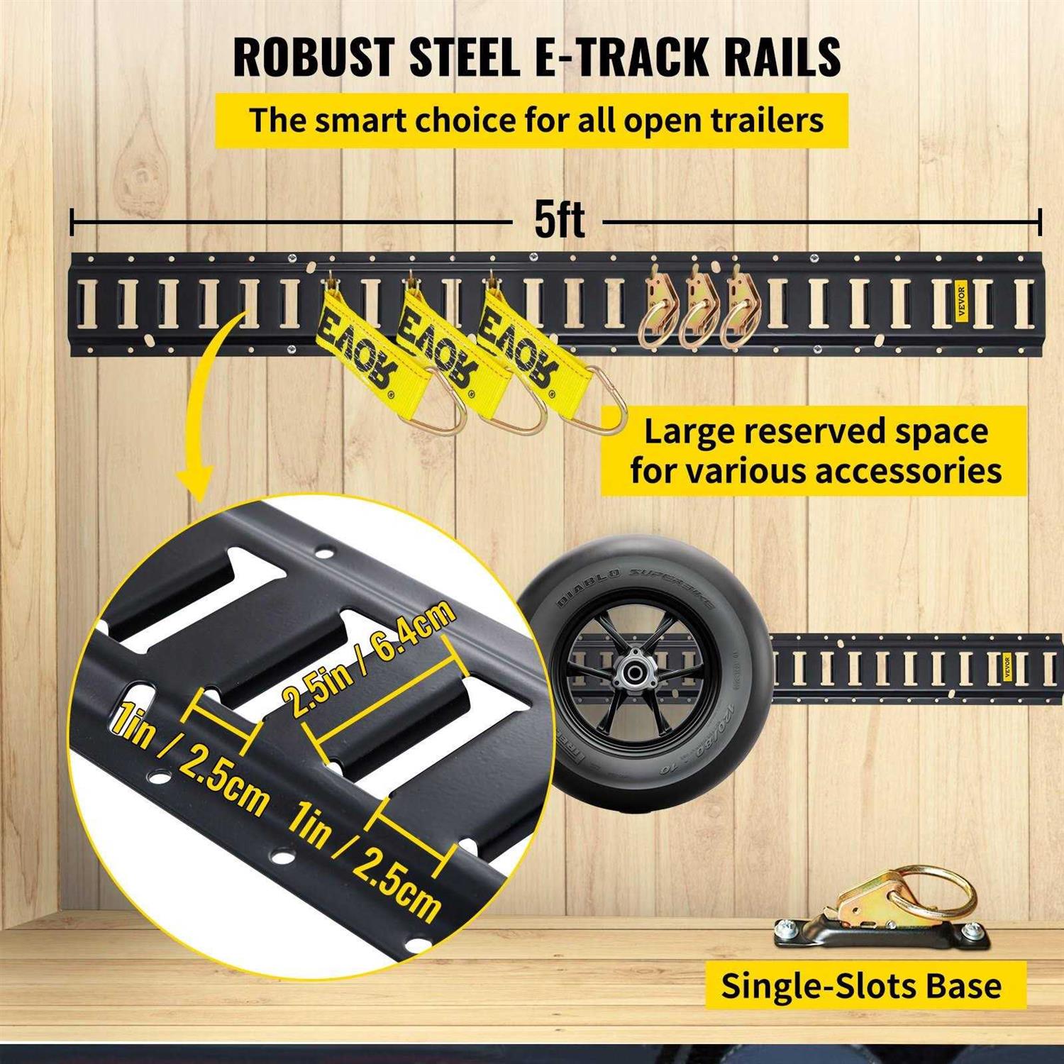 VEVOR E Track Tie-Down Rail Kit 34pcs 5ft E-Tracks Set Includes 8 Steel Rails & 2 Single Slot & 8 O Rings & 8 Tie-Offs w/D-Ring & 8 End Caps - MT - Mrs Treak