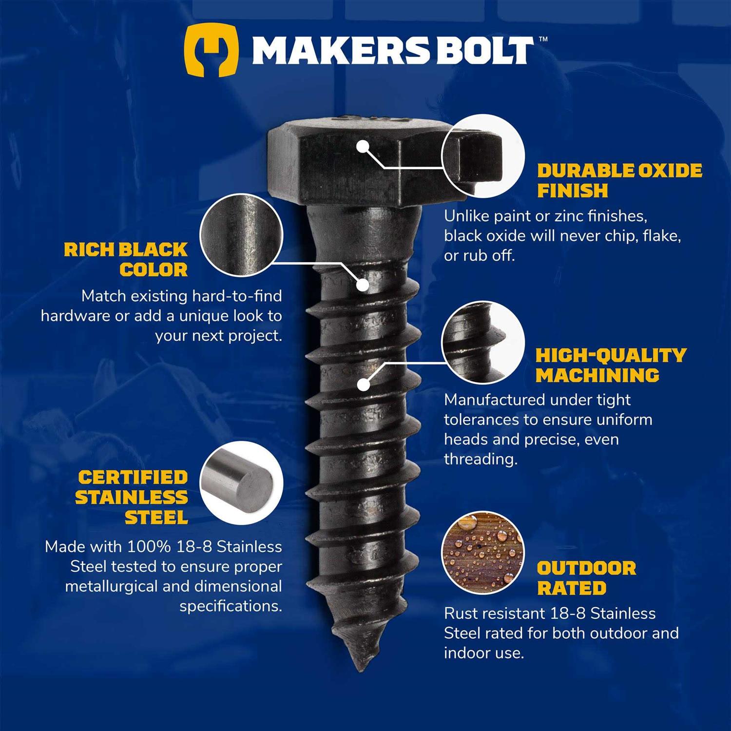 Makers Bolt Stainless Steel Black Lag Bolts Hex Lag Screws 18-8 Stainless Black Oxidized in USA - MT - Mrs Treak