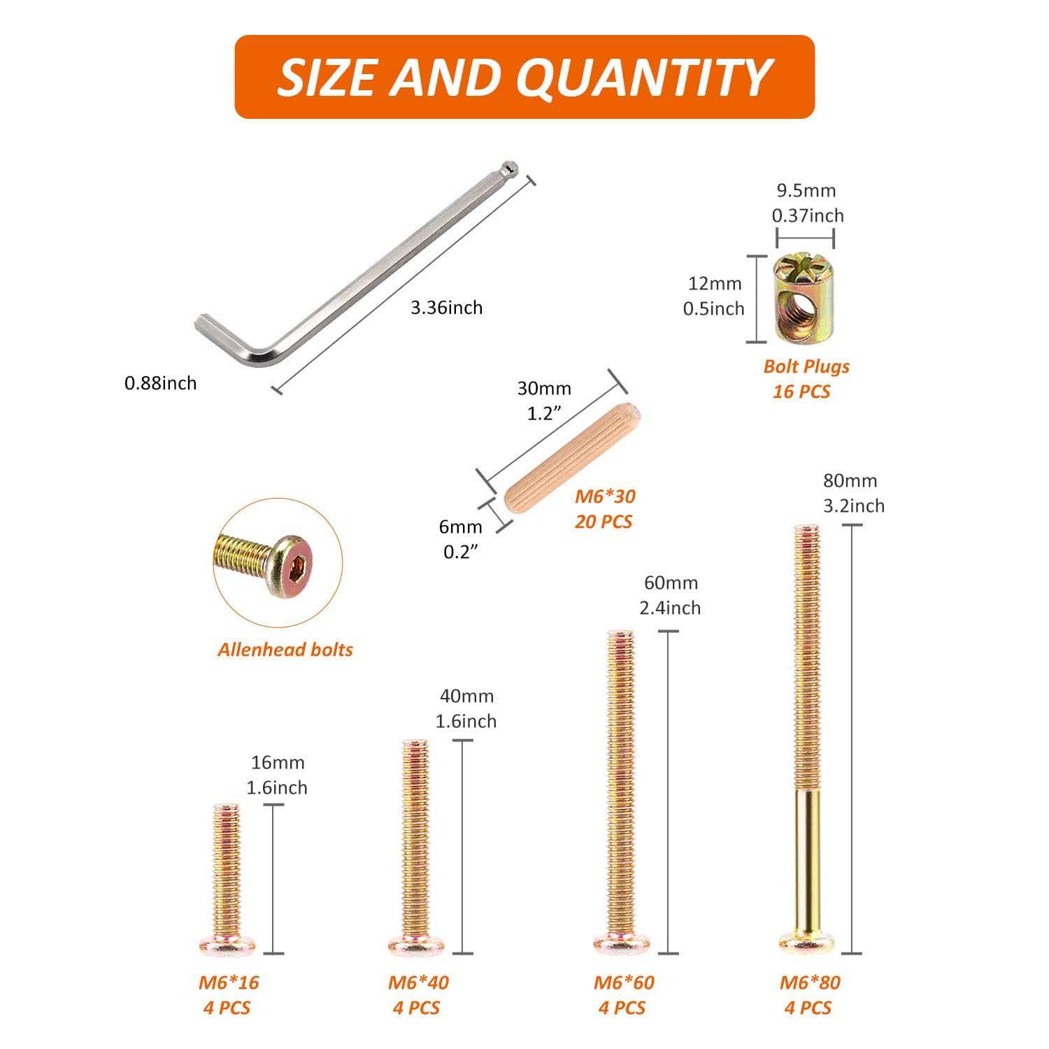 Crib Screws Bolts Hardware Replacement Kit, 28 Set M6 Bolts &Barrel Nuts for Bed Frame,Furniture,Chairs and Cabinets - MT - Mrs Treak