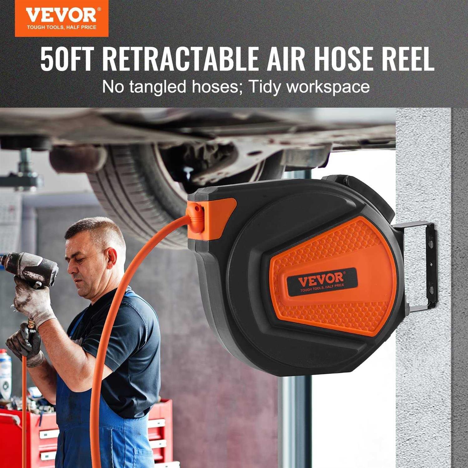 VEVOR Retractable Air Hose Reel 3/8 IN x 50 FT Hybrid Air Hose Max 300PSI - MT - Mrs Treak
