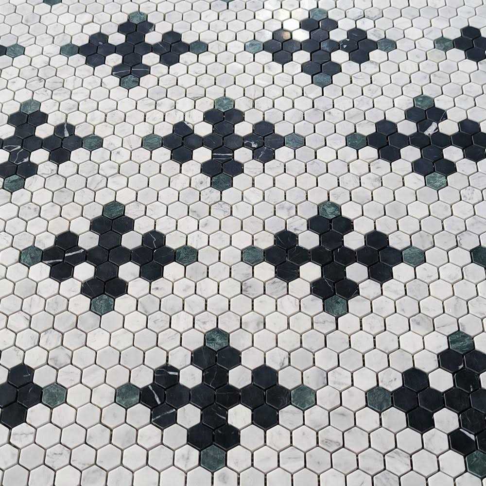 StoneCenterOnline 1 Hexagon Rosette Flower Carrara White Black Marble Mosaic Tile Honed - MT - Mrs Treak
