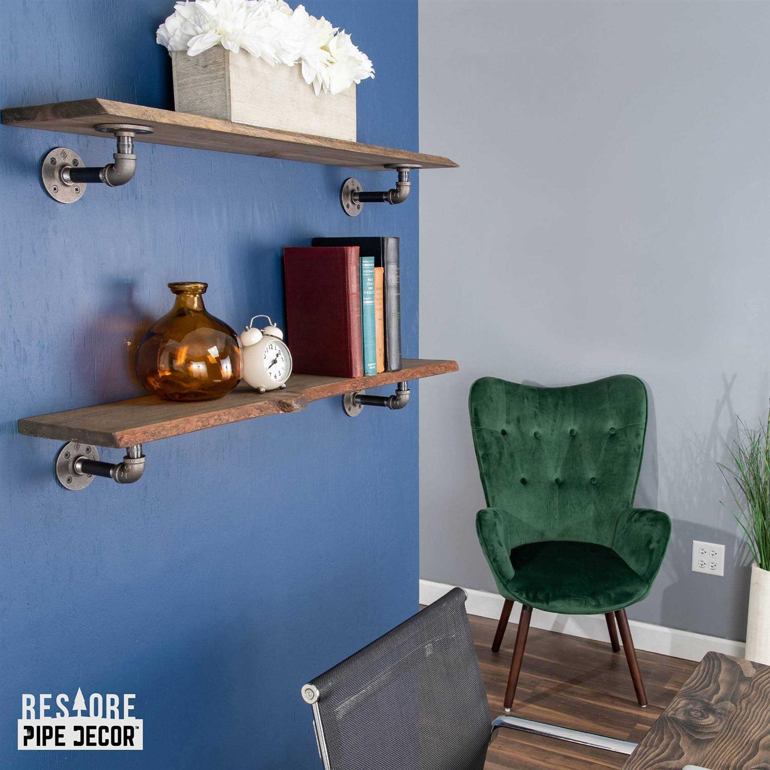 PIPE DECOR Live Edge Wood Shelf with L-Shaped Pipe Brackets - MT - Mrs Treak