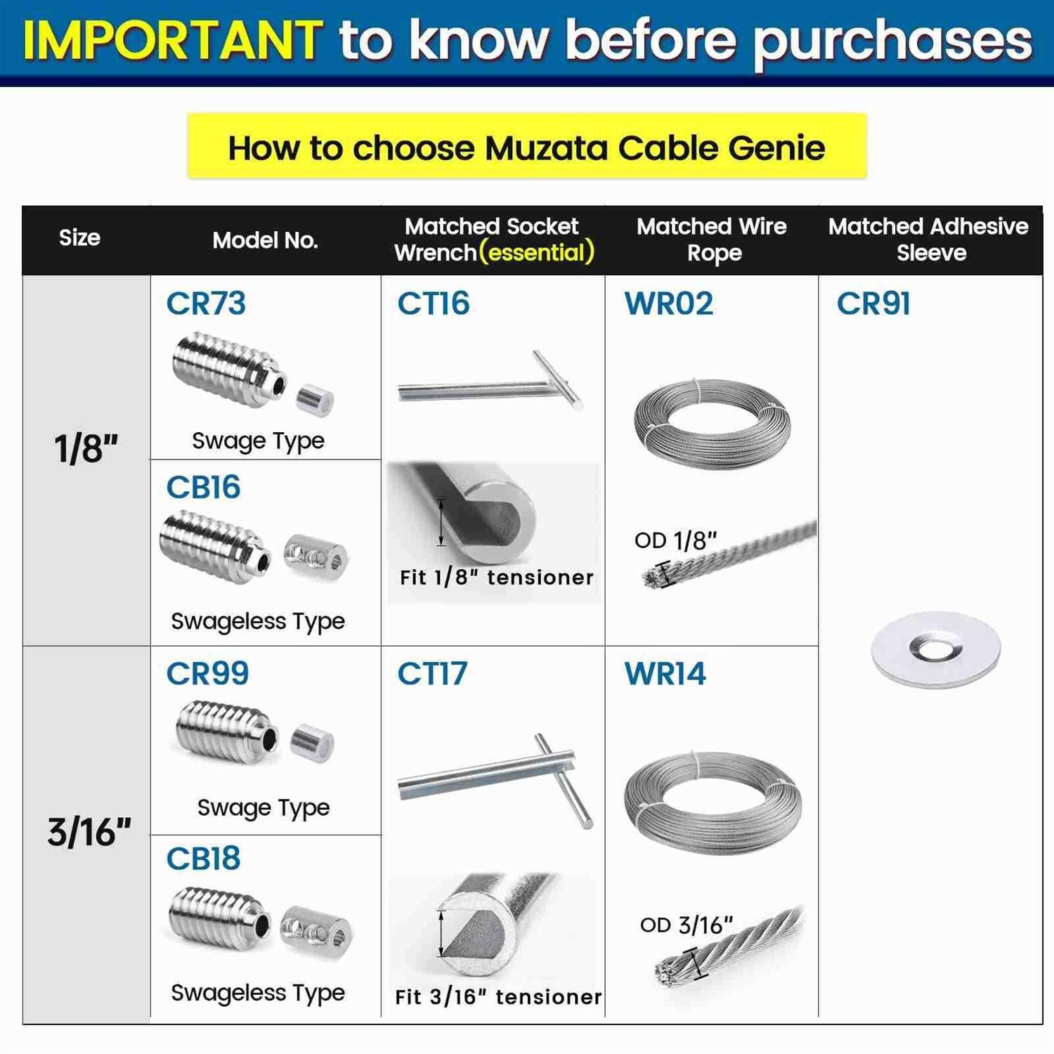Muzata 1/8 Invisible Cable Railing Kit Lag Screw Cable Genie Tensioner Hidden T316 Stainless Steel for 4×4 6×6 8×8 Wood Posts Deck - MT - Mrs Treak