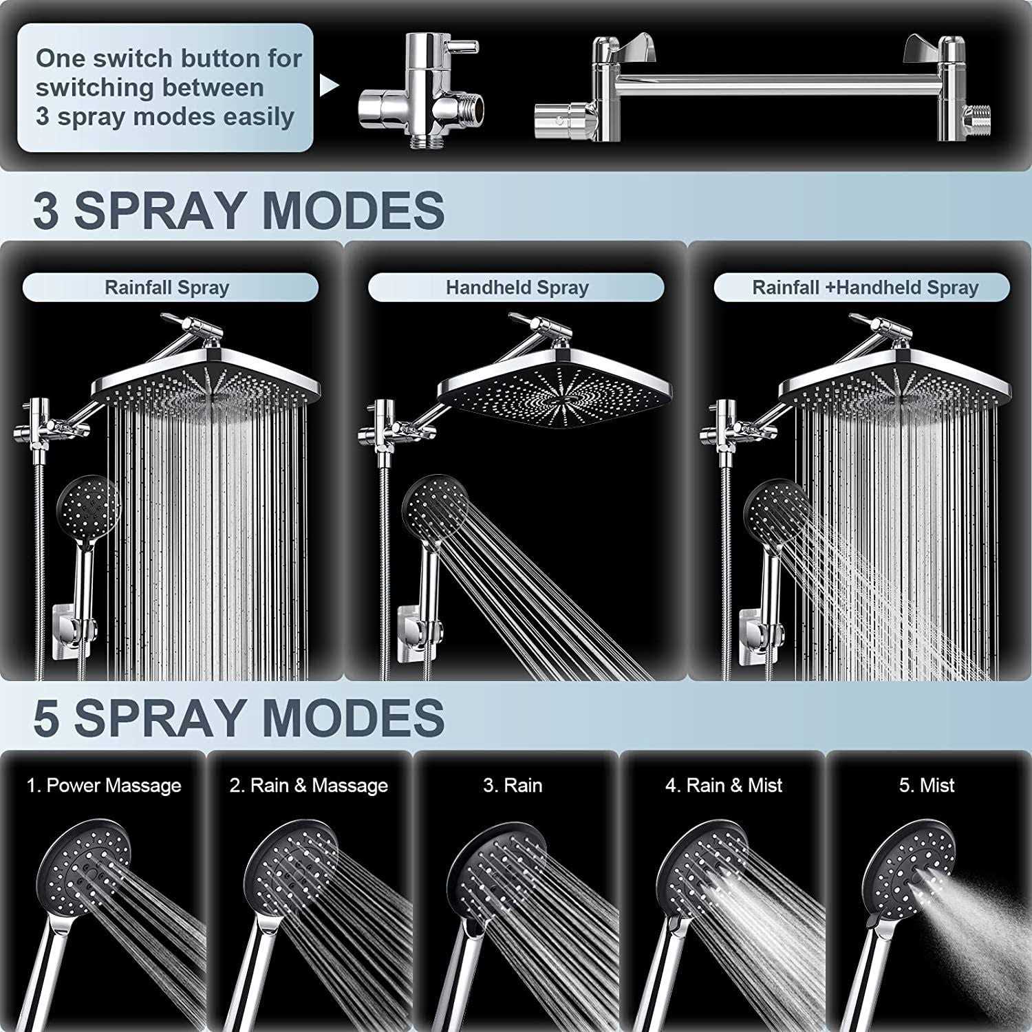 Veken 12 Inch Rain Shower Head with 5 Settings High Pressure Handheld - MT - Mrs Treak