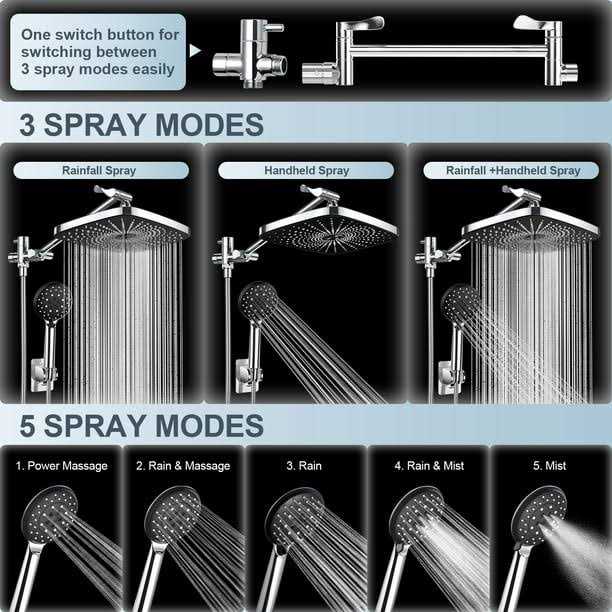 Veken 12 Inch High Pressure Rain Shower Head -Shower Heads with 5 Modes Handheld Spray Combo - MT - Mrs Treak