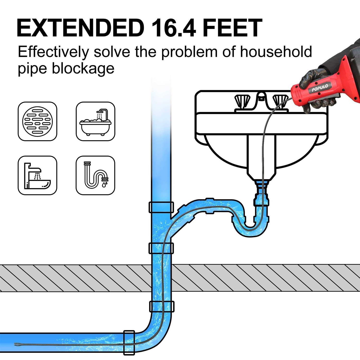 Populo Drain Auger Automatic Plumbing Snake 25Ft 20-Volt Li-Ion - MT - Mrs Treak