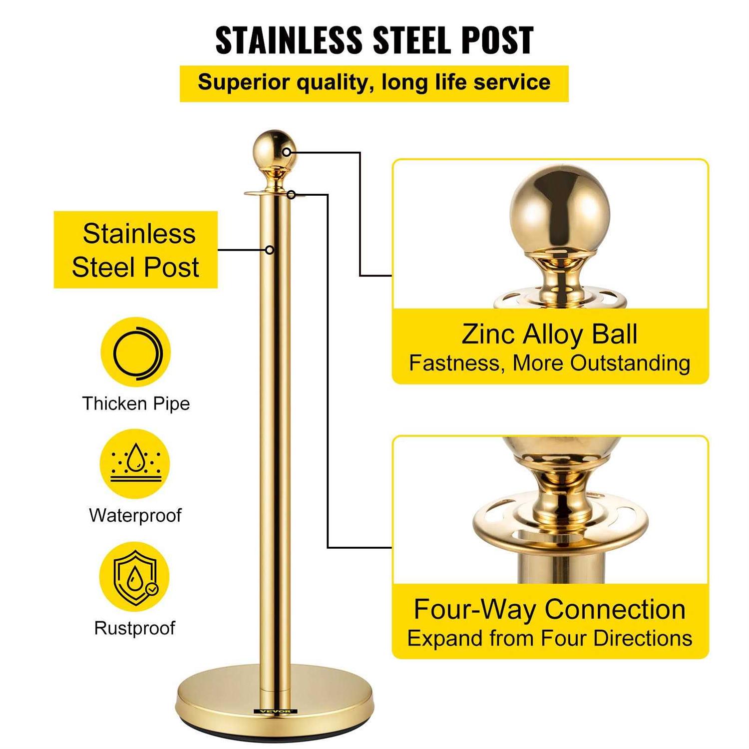 VEVOR Velvet Ropes and Posts 5 ft. Red Rope Stainless Steel Gold Stanchion with Ball Top Crowd Control Barrier - MT - Mrs Treak