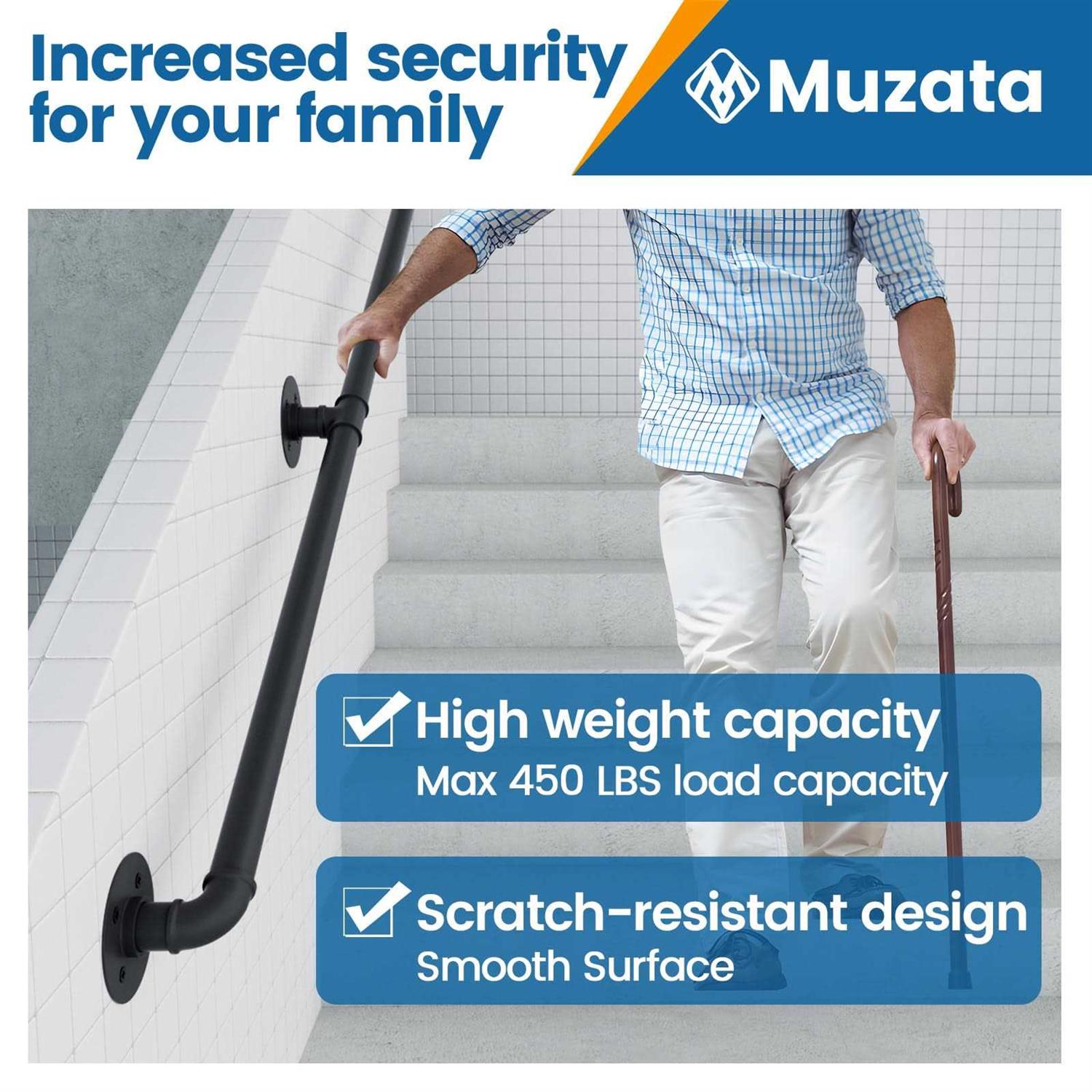 Muzata 10ft Staircase Handrail Black Pipe Handrail Staircase Steps Hand Rail for Indoor Stairs 440LBS Load Capacity Wall Mount Support Galvanized - MT - Mrs Treak