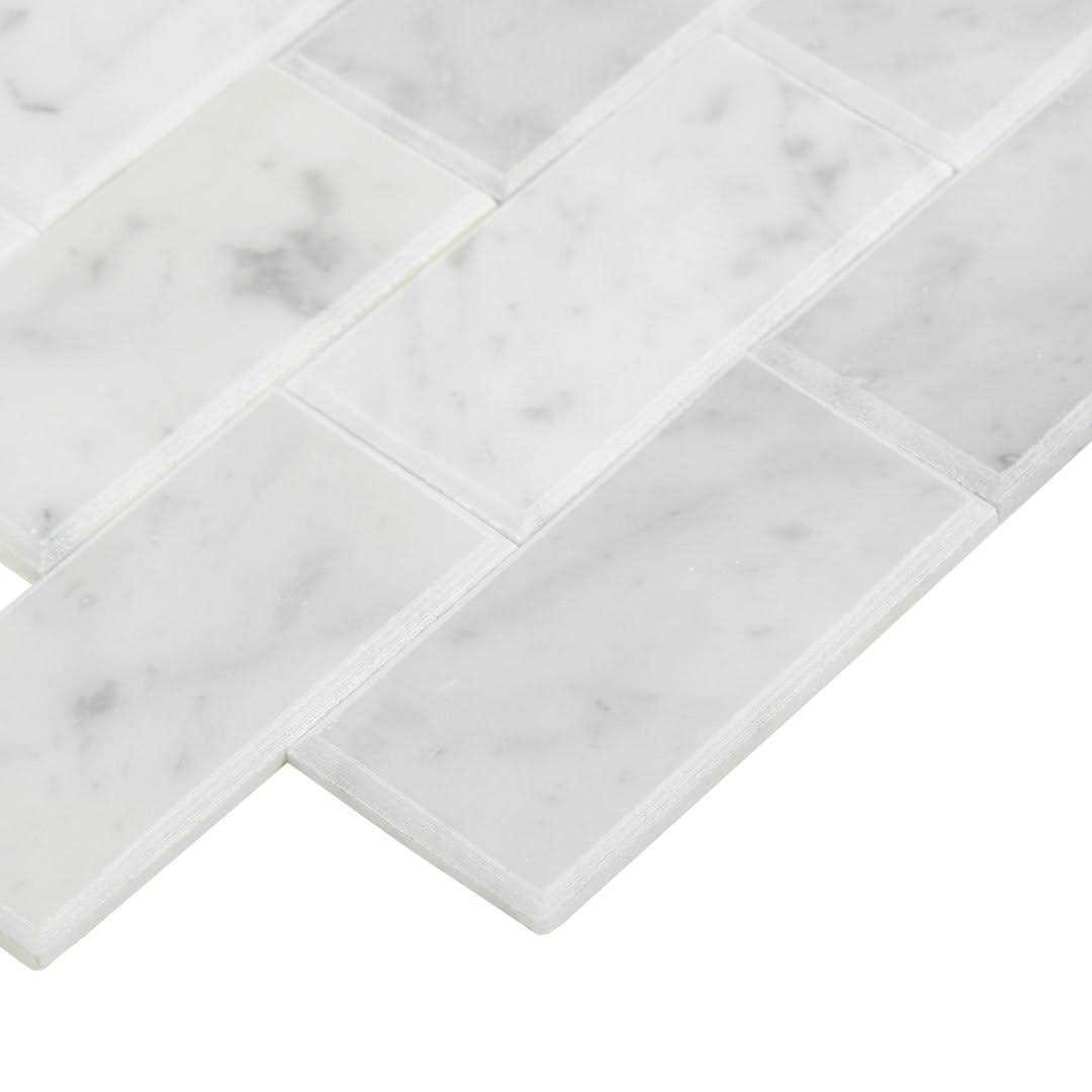 Daltile Xpress Mosaix Peel ‘N Stick White Beveled 14 in. x 12 in. Marble Brick Joint Mosaic Tile - MT - Mrs Treak
