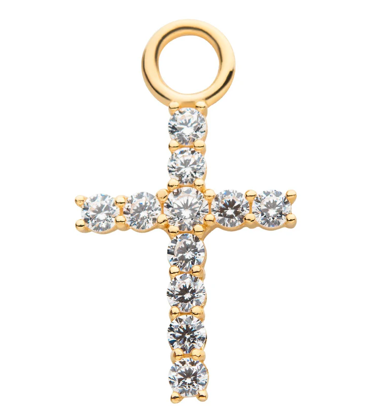 14kt Gold Cross Clear CZ Charm - Mrs Treak