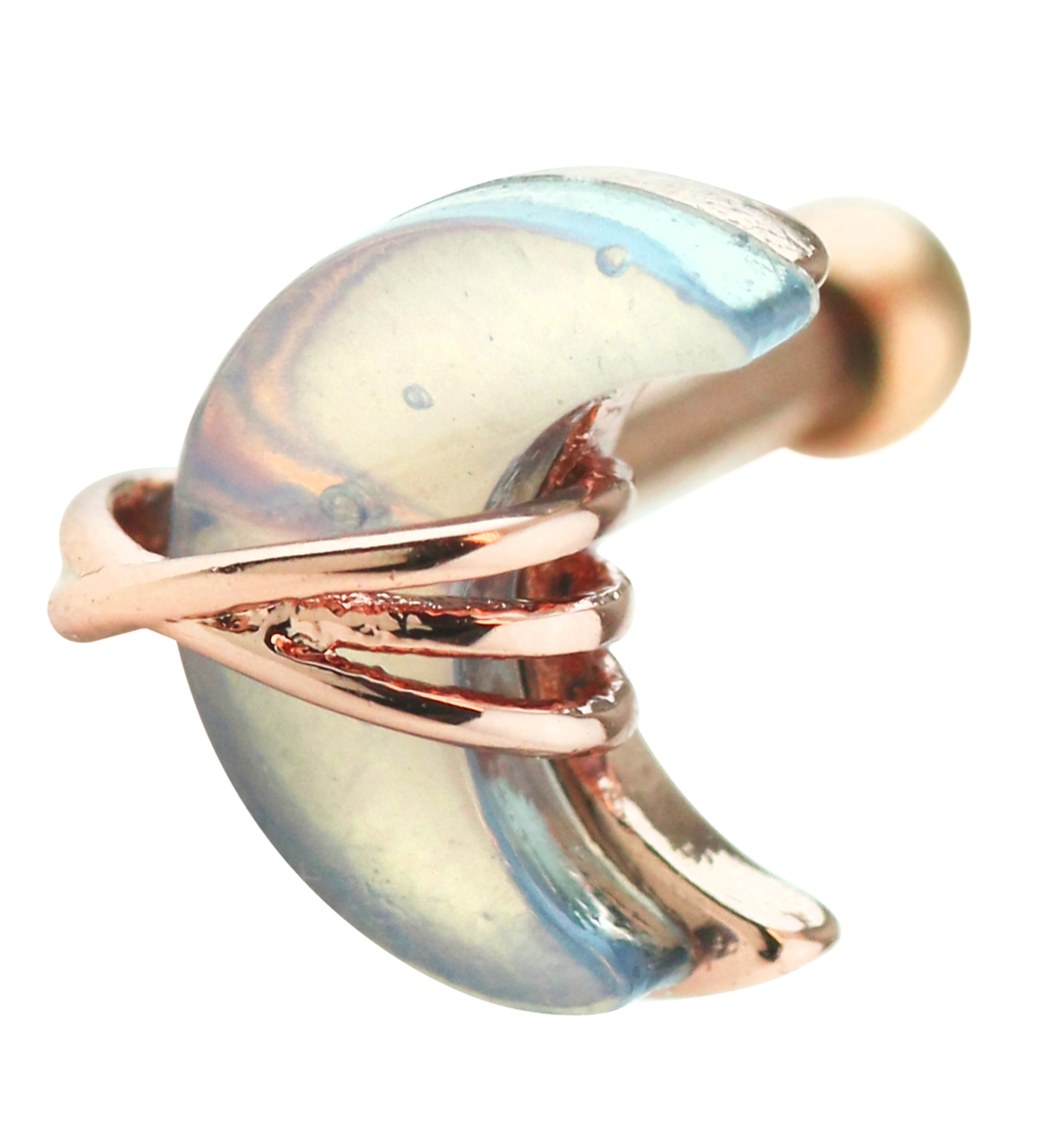 Rose Gold PVD Wrapped Crescent Moon White Opalite Cartilage Barbell - Mrs Treak