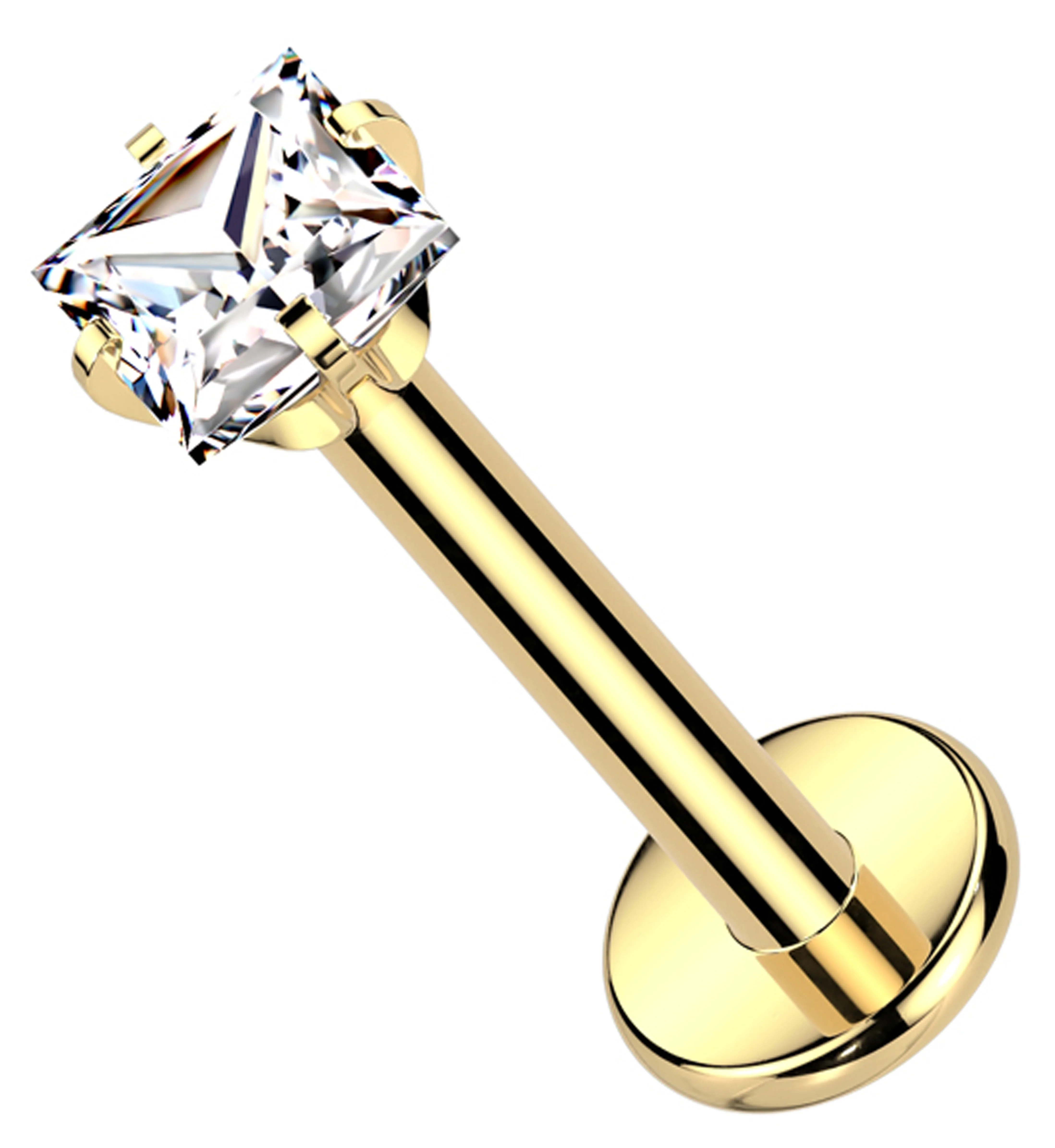 Gold PVD Prong Set Square Clear CZ Internally Threaded Titanium Labret - Mrs Treak