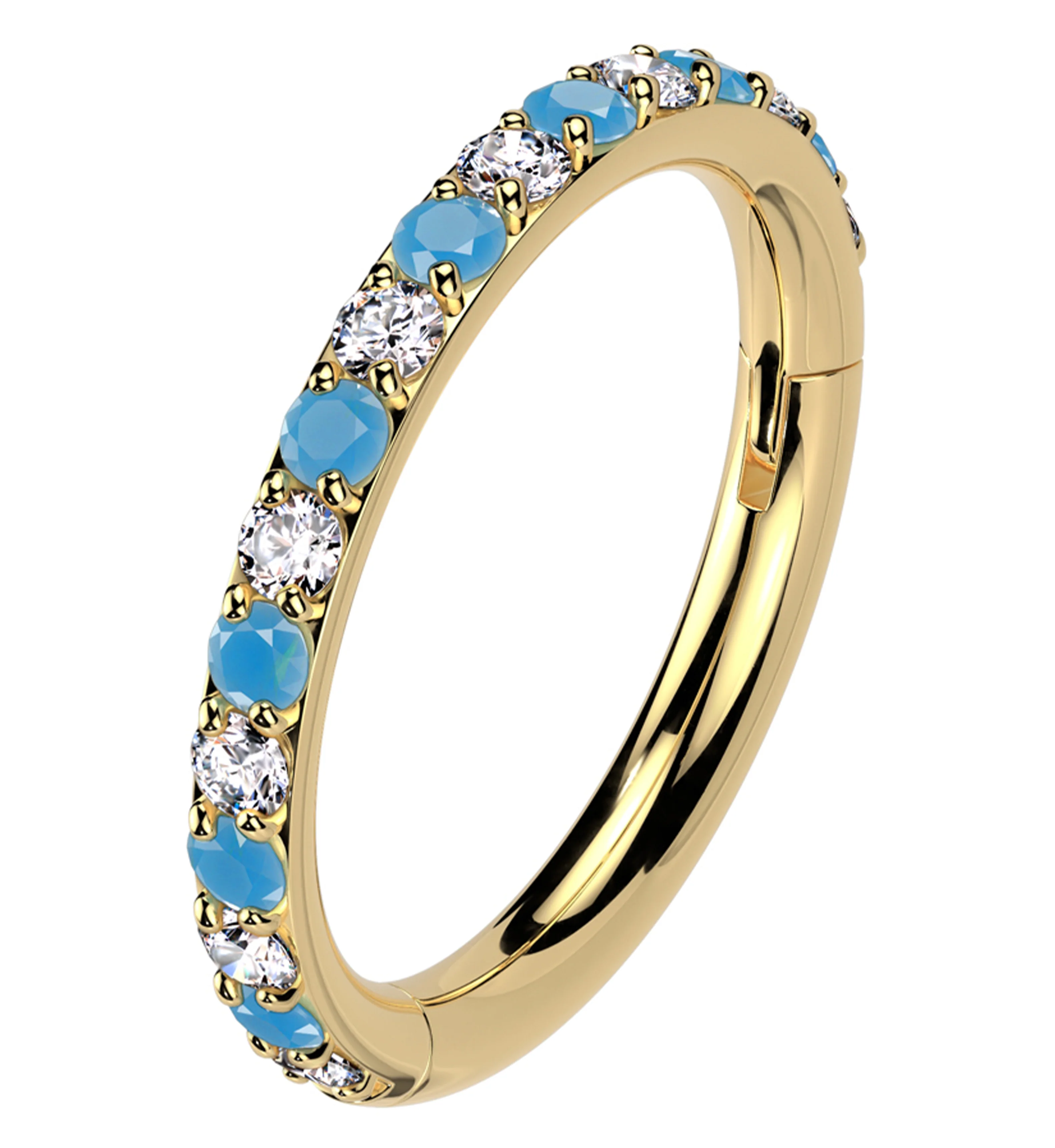 Gold PVD Side Facing Clear CZ Turquoise Titanium Hinged Segment Ring - Mrs Treak