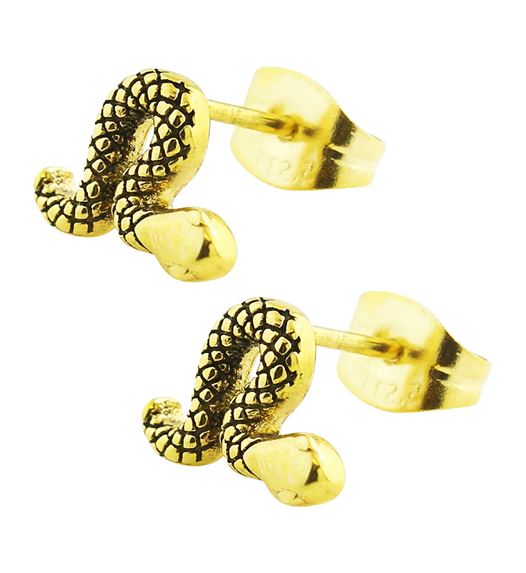 Gold PVD Etched Snake Stainless Steel Stud Earrings - Mrs Treak