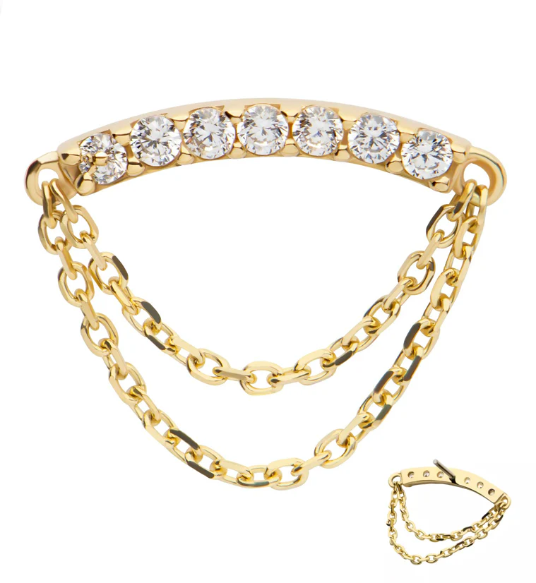 14kt Gold Curve Bar Clear CZ Double Dangle Chain Threadless Top - Mrs Treak