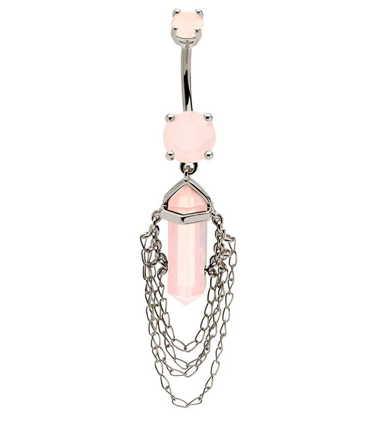 Pink Crystal Multi Dangle Chain Stainless Steel Belly Button Ring - Mrs Treak