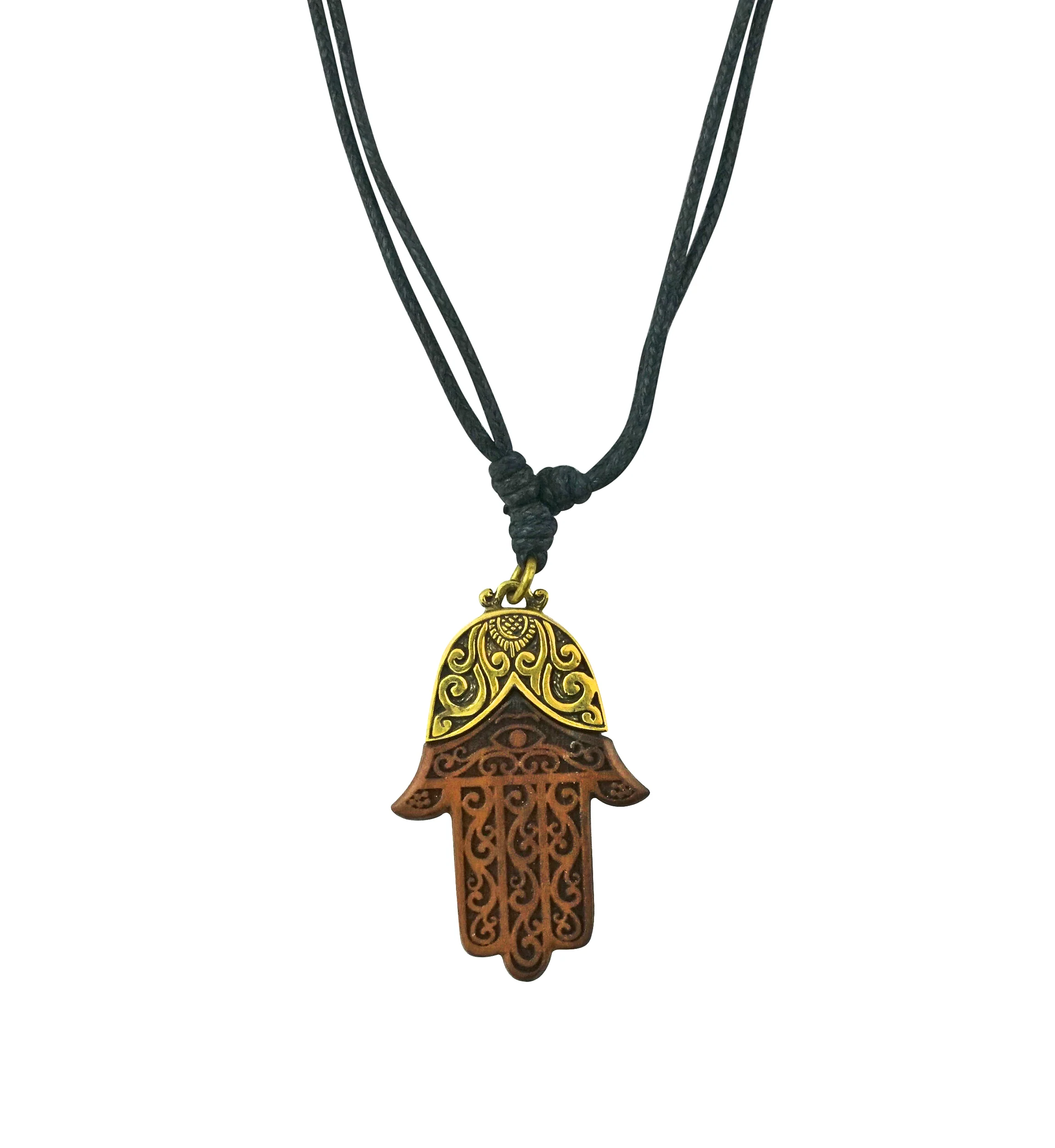 Hamsa Hand Brass And Sawo Wood Pendant Necklace - Mrs Treak