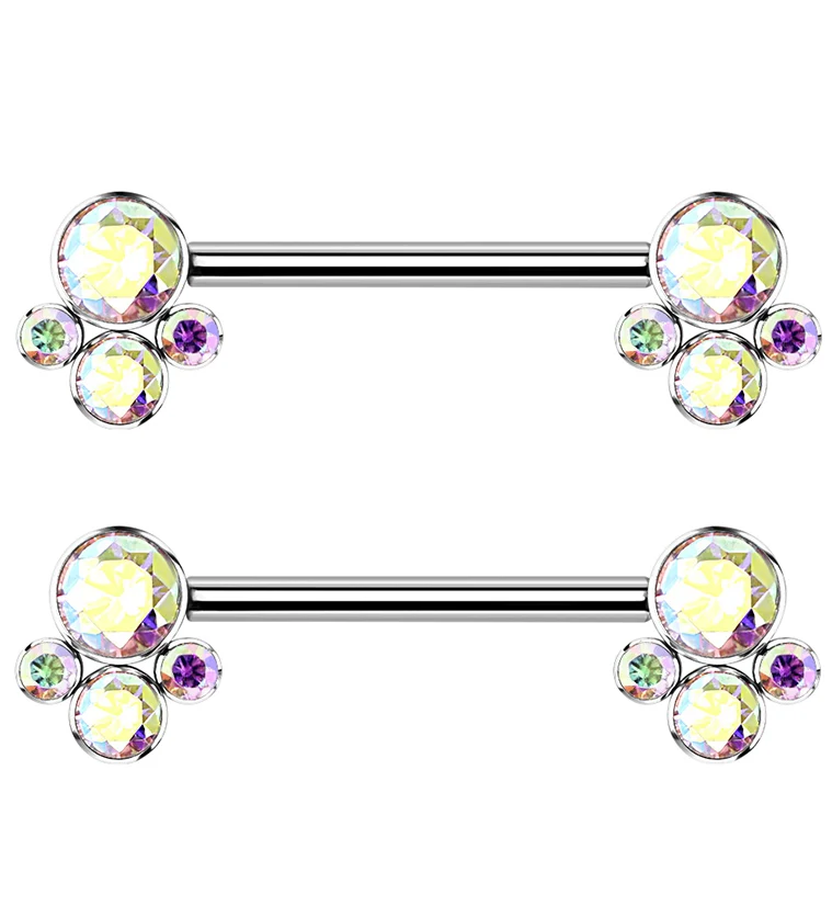 14G Cluster Rainbow Aurora CZ Titanium Nipple Ring Barbell - Mrs Treak
