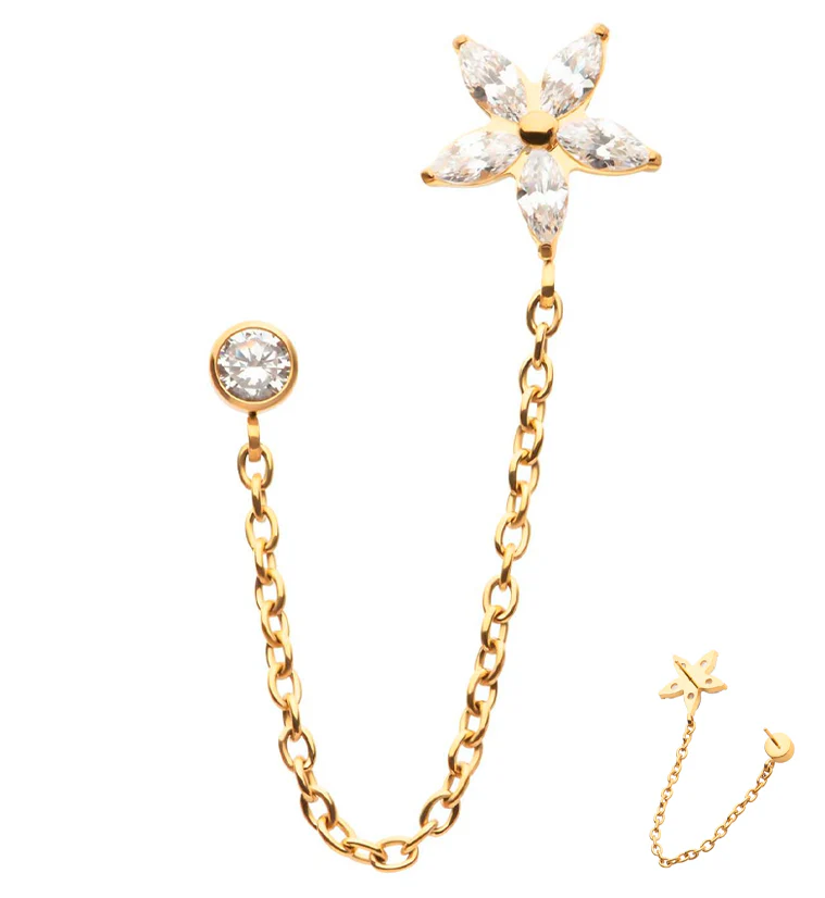 24kt Gold PVD Flower Marquise Clear CZ Connector Cartilage Rolo Chain Threadless Tops - Mrs Treak