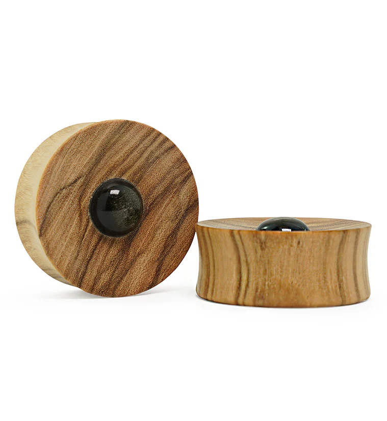 Olive Wood Golden Obsidian Stone Plugs - Mrs Treak
