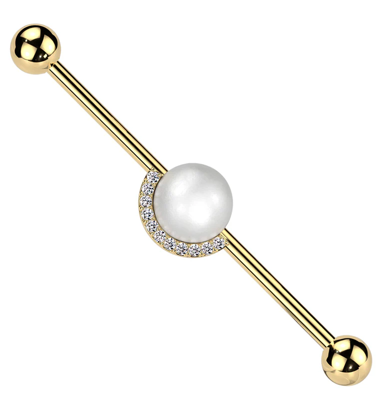 Gold PVD Pearl Clear CZ Rim Stainless Steel Industrial Barbell - Mrs Treak