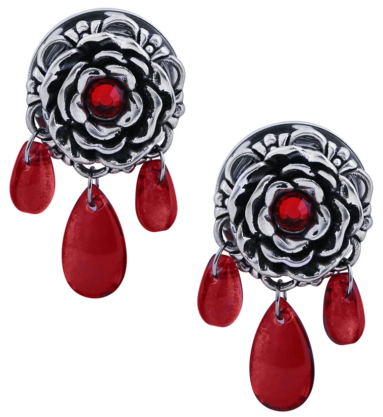 Rose Red Teardrop Dangle Stainless Steel Plugs - Mrs Treak