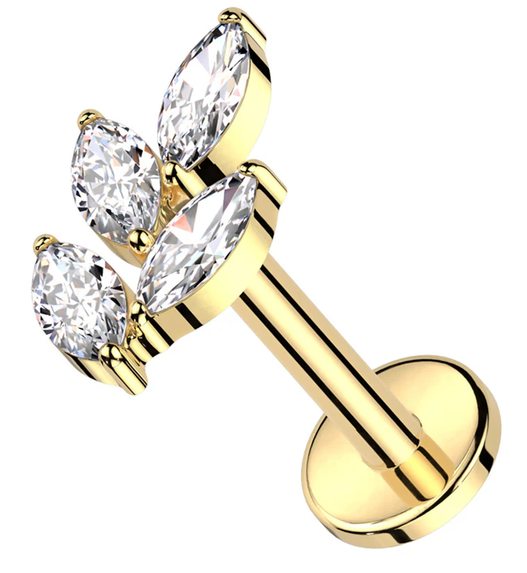 Gold PVD Leaf Marquise Clear CZ Titanium Internally Threaded Labret - Mrs Treak