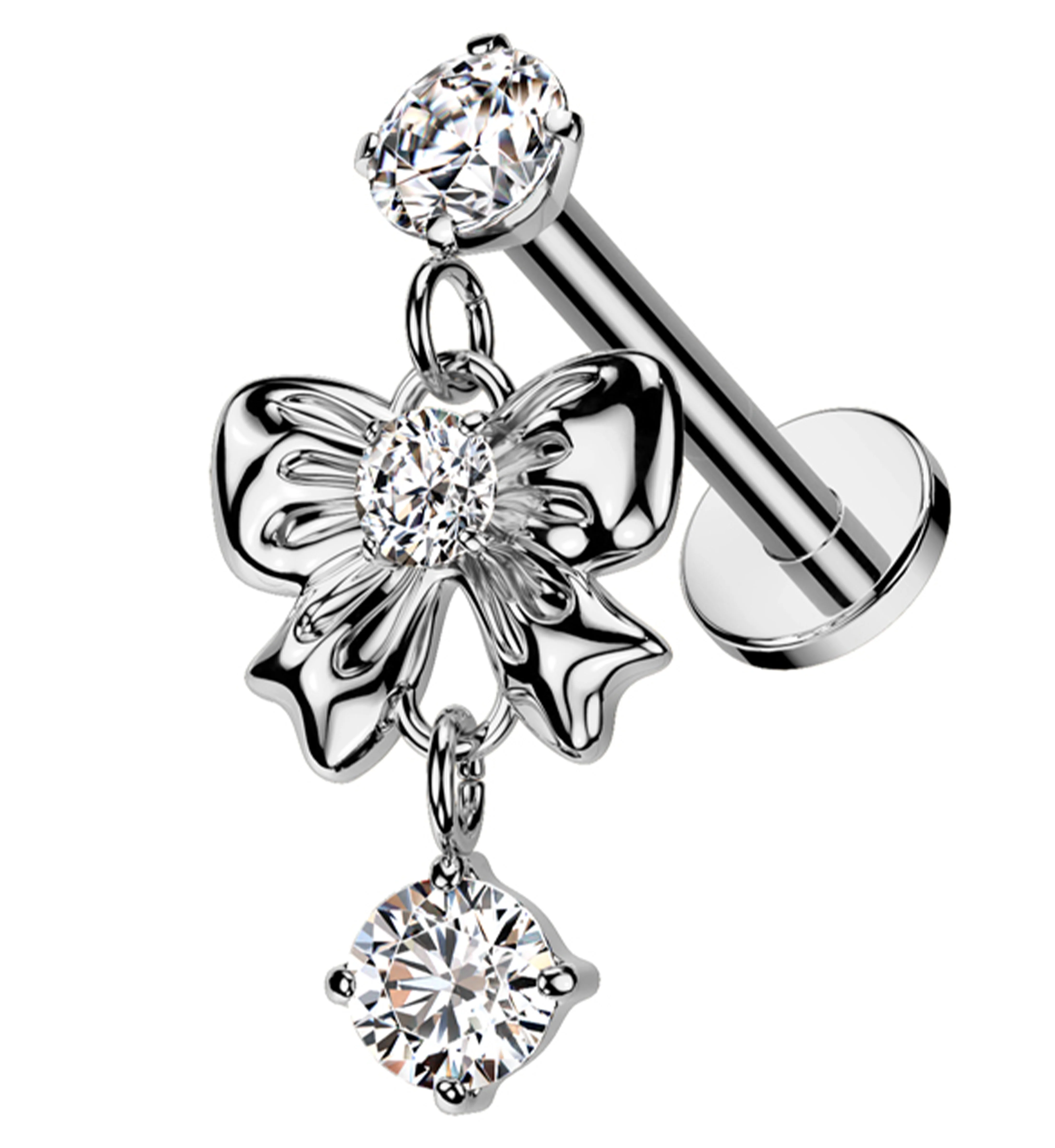 Bow Dangle Clear CZ Internally Threaded Stainless Steel Labret - Mrs Treak