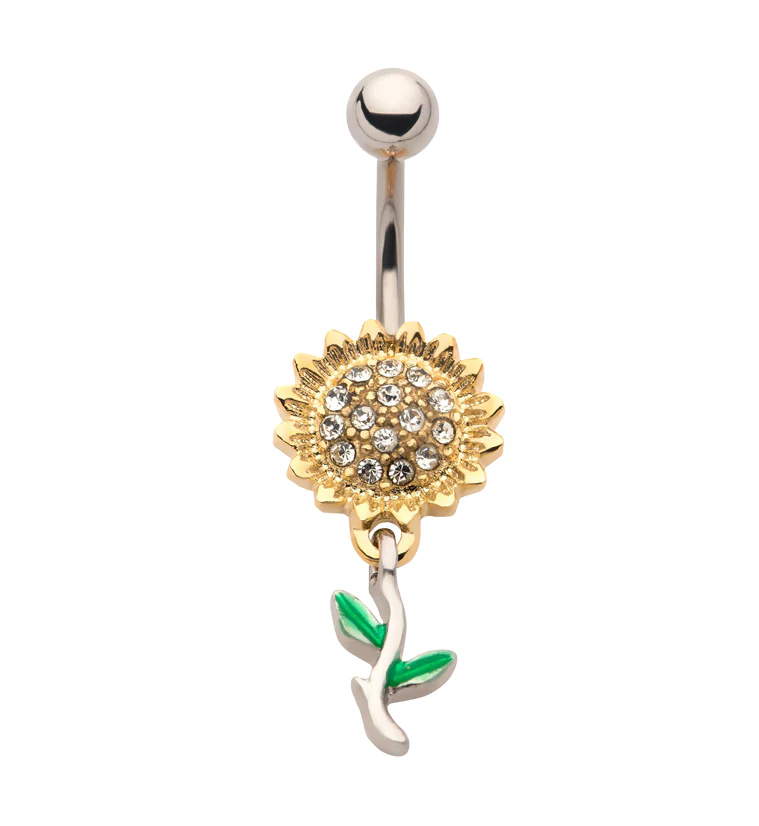 Gold PVD Dangle Sunflower CZ Stainless Steel Belly Button Ring - Mrs Treak