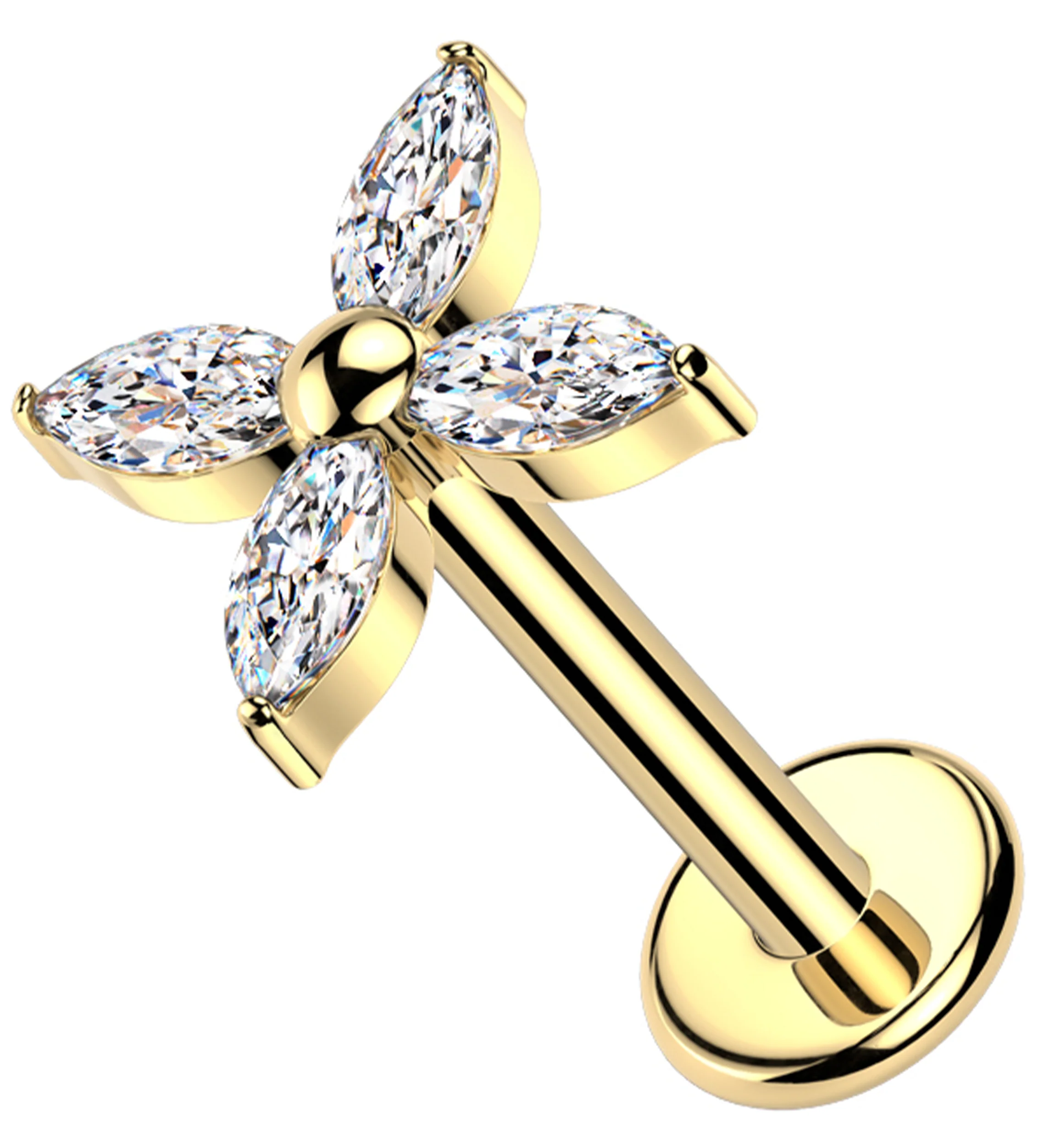 Gold PVD Tetrad Marquise Clear CZ Internally Threaded Titanium Labret - Mrs Treak