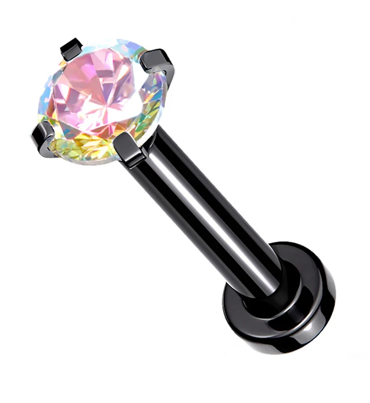 Black PVD Internally Threaded Rainbow Aurora CZ Prong Mini Disc Labret - Mrs Treak