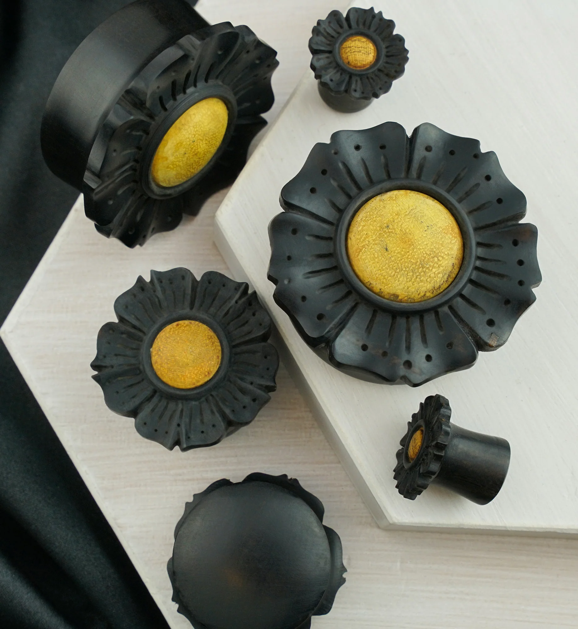 Floral Mayan Flared Wooden Plugs with Jackfruit Wood Inlay - Mrs Treak