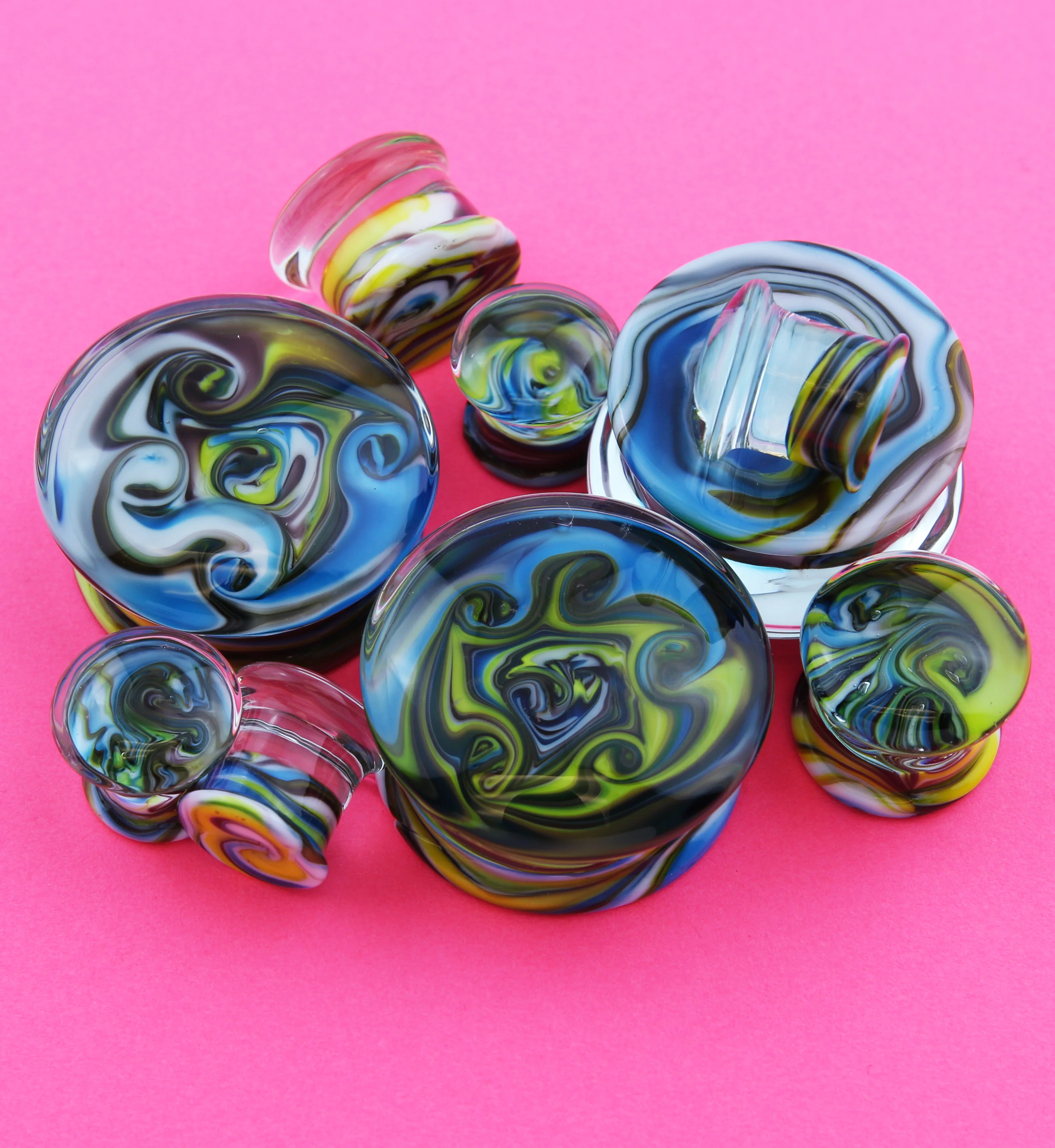 Blue Multi Chroma Swirl Glass Double Flare Plugs - Mrs Treak