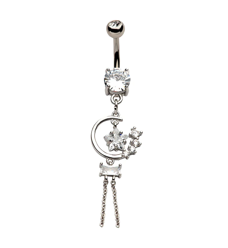 Star Dangle Chain Clear CZ Stainless Steel Belly Button Ring - Mrs Treak