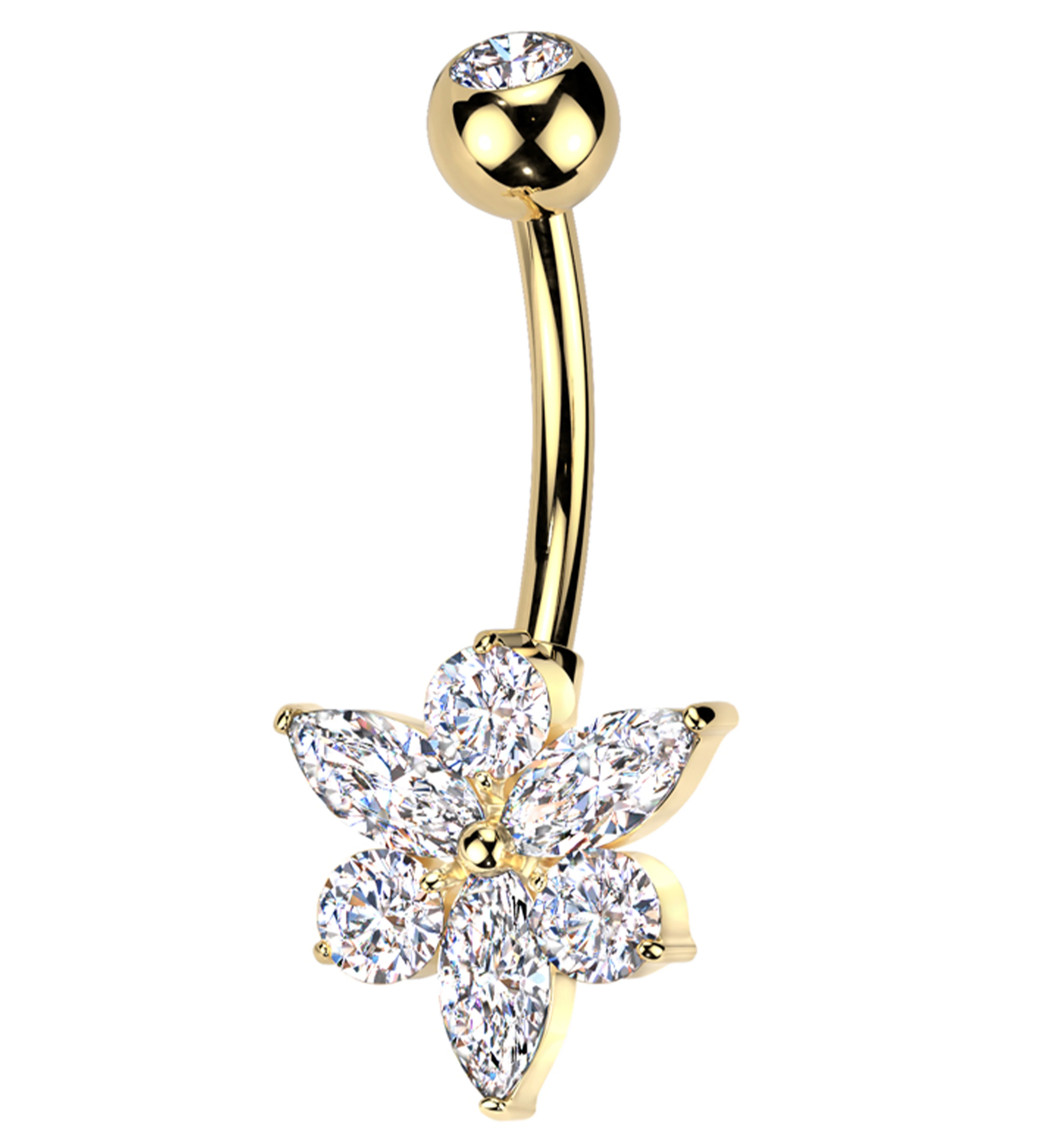 Gold PVD Pointed Flower Clear CZ Titanium Belly Button Ring - Mrs Treak