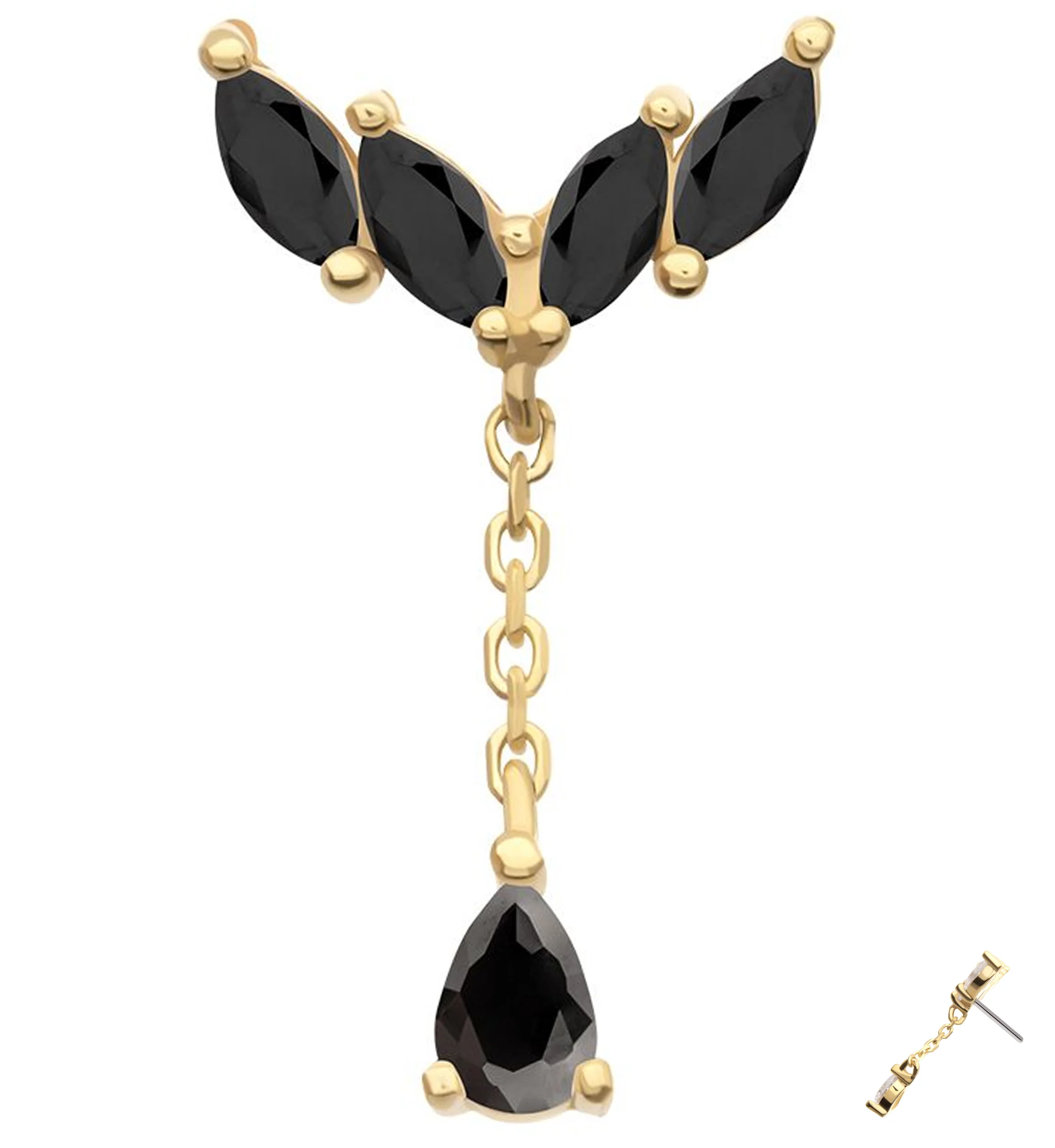 14kt Gold Arrow Marquise Black CZ Dangle Threadless Top - Mrs Treak