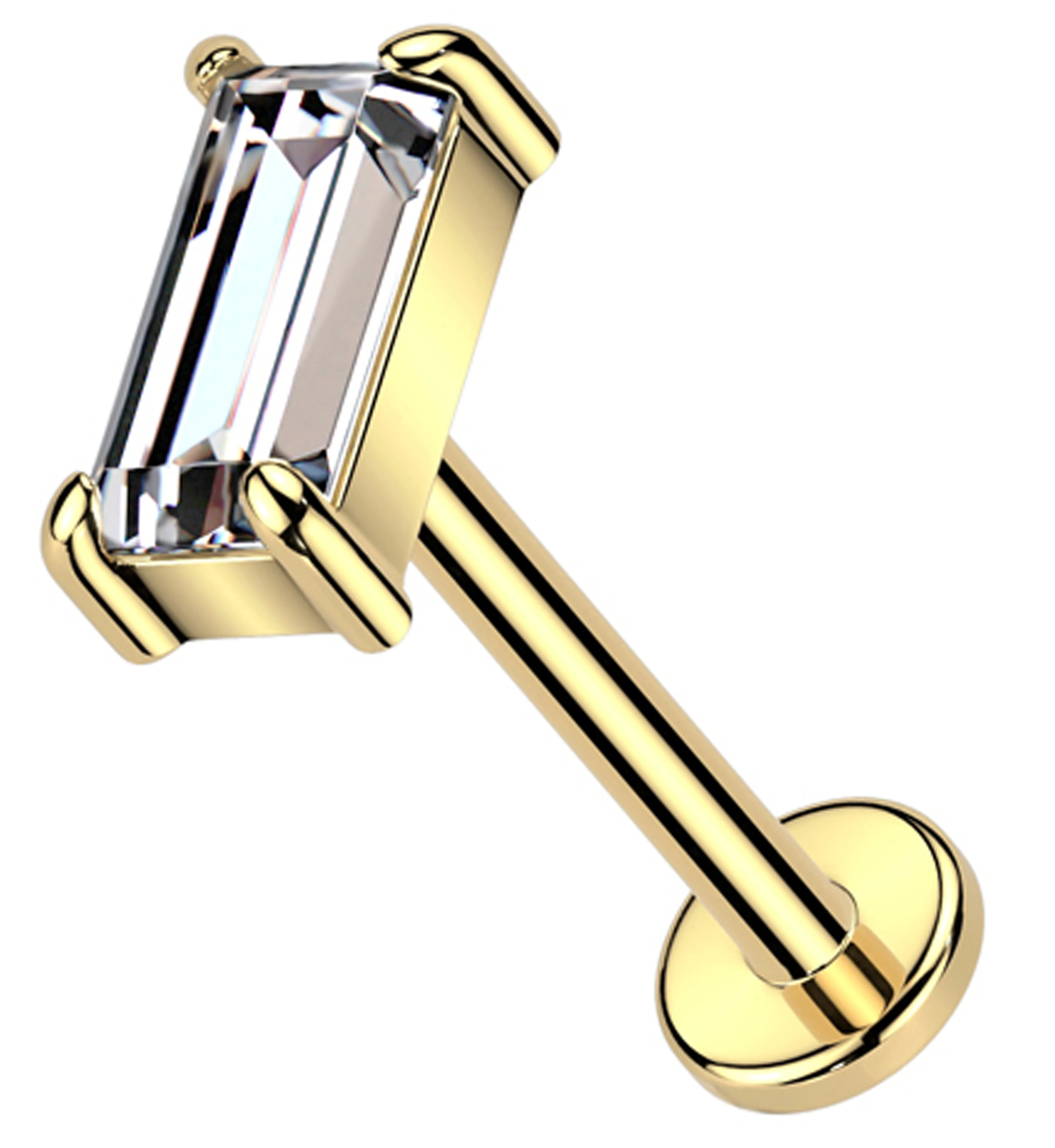 14kt Gold Baguette Clear CZ Flat Disk Threadless Labret - Mrs Treak