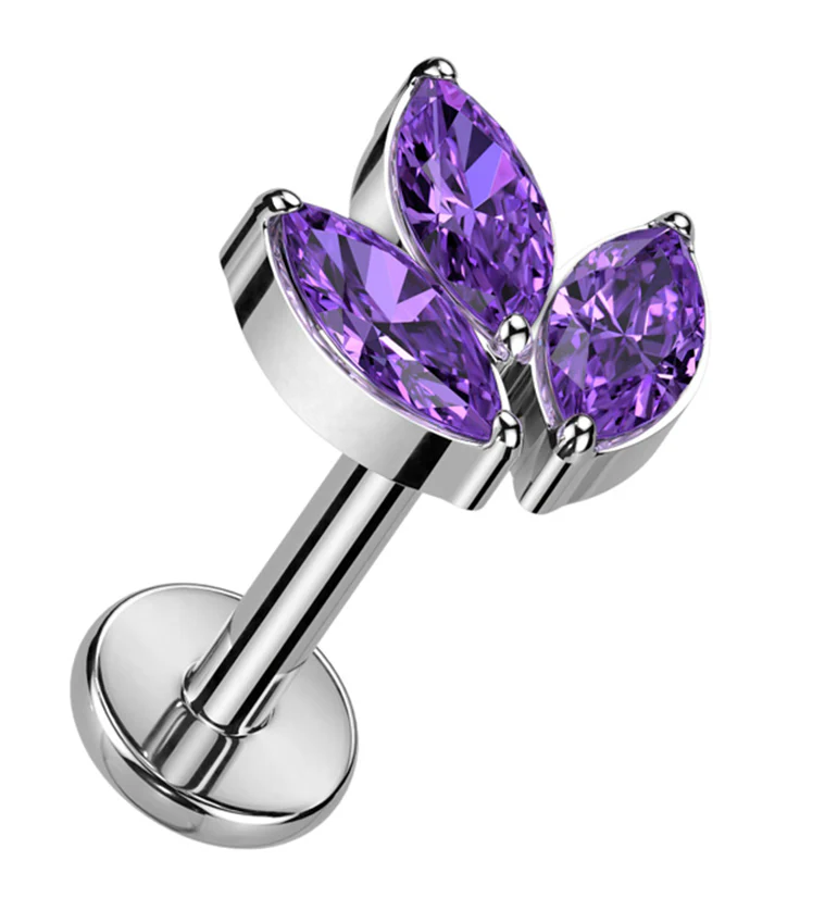 Tri Sepal Purple CZ Titanium Internally Threaded Labret - Mrs Treak
