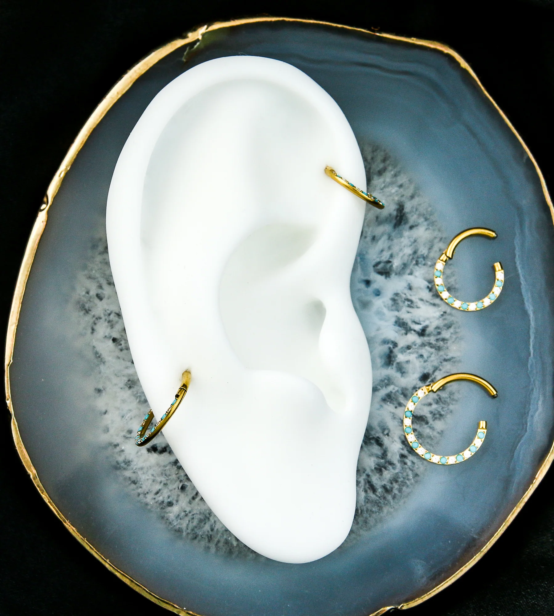 Gold PVD Front Facing Clear CZ Turquoise Titanium Hinged Segment Ring - Mrs Treak