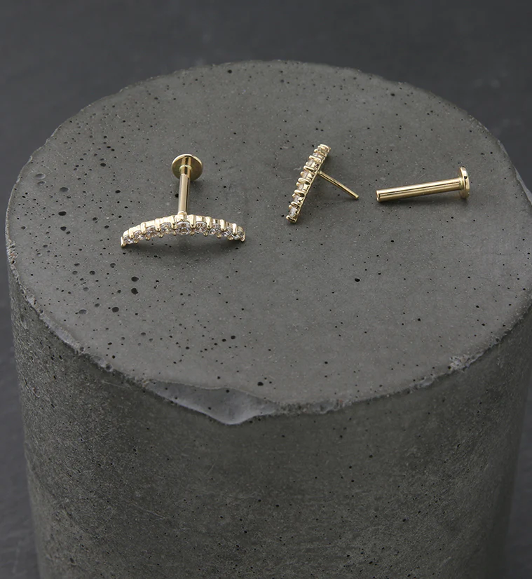 14kt Gold Curve CZ Threadless Labret - Mrs Treak