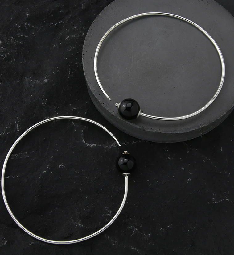 Onyx Stone Orb White Brass Hangers / Plug Hoops - Mrs Treak