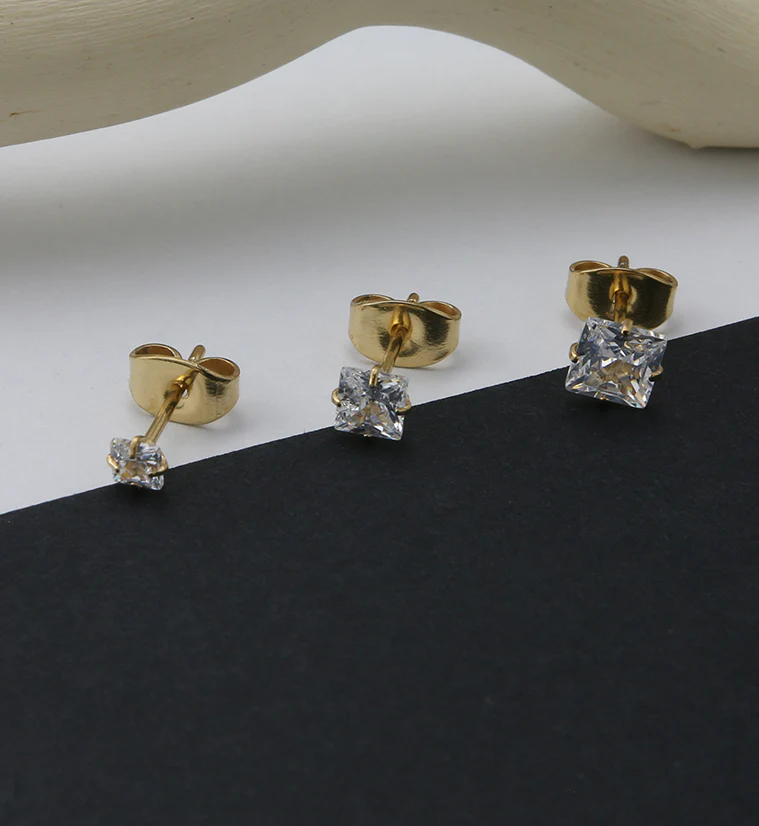 Gold PVD Square Prong CZ Titanium Earrings - Mrs Treak