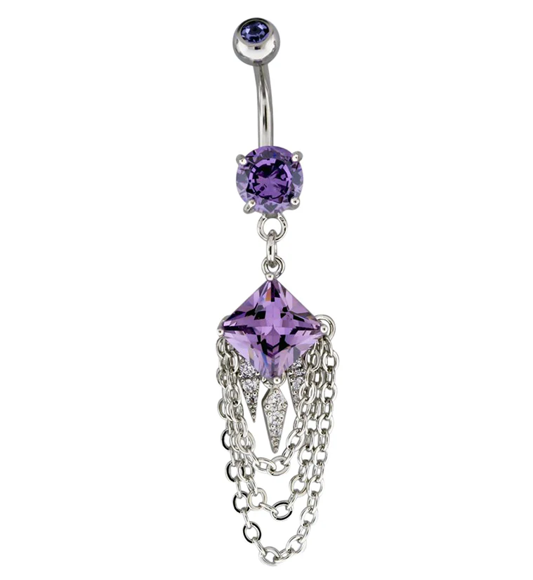 Purple Square CZ Dangle Chain Belly Button Ring - Mrs Treak