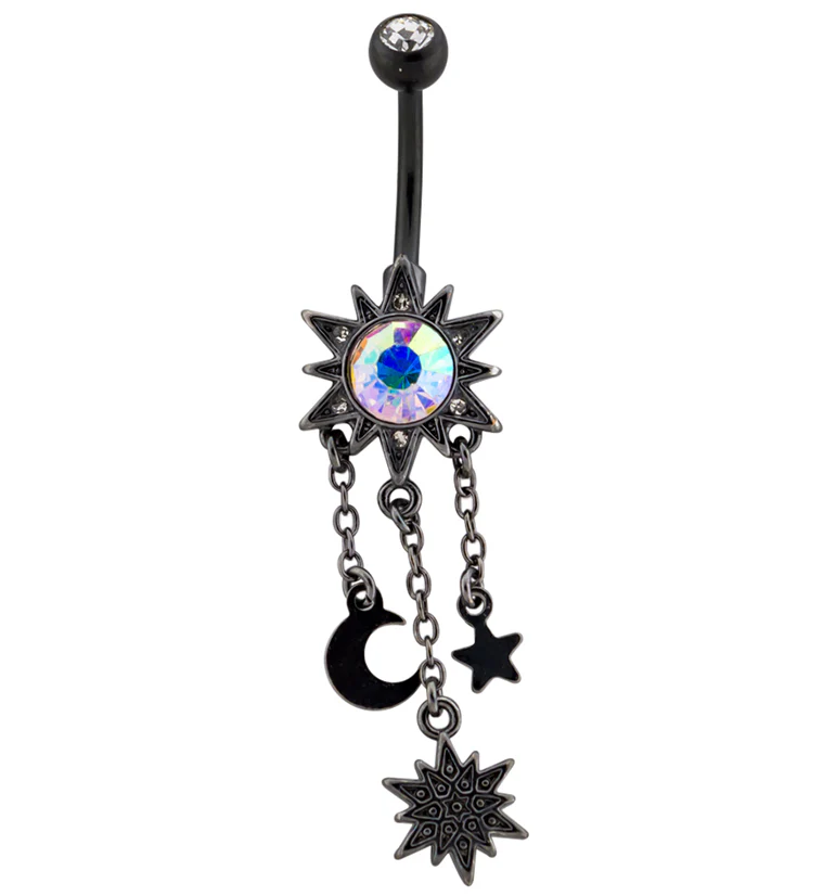 Dangle Cosmos Rainbow Aurora CZ Black PVD Belly Button Ring - Mrs Treak