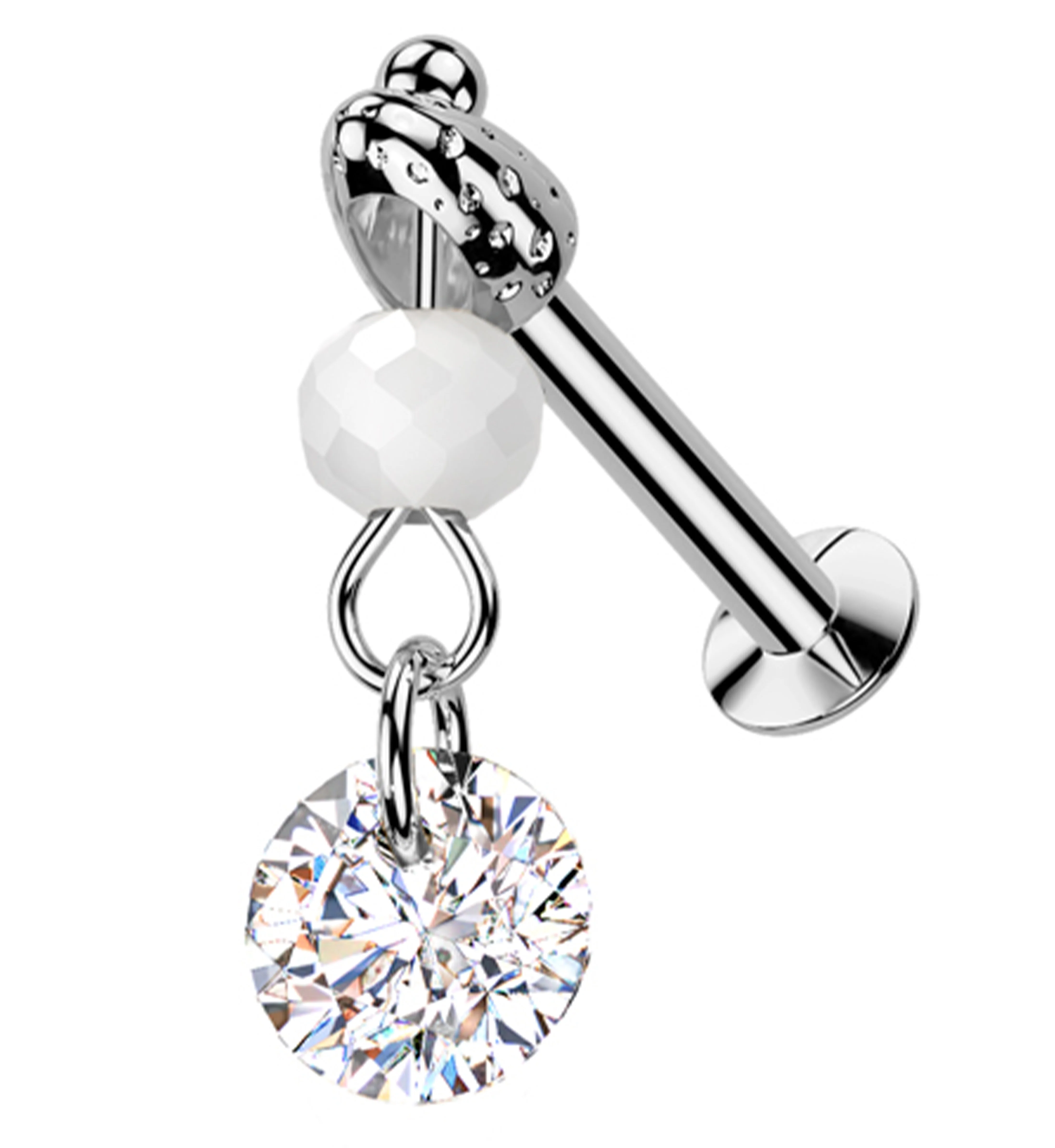 Faceted Bead Clear CZ Dangle Stainless Steel Convex Disc Threadless Labret - Mrs Treak