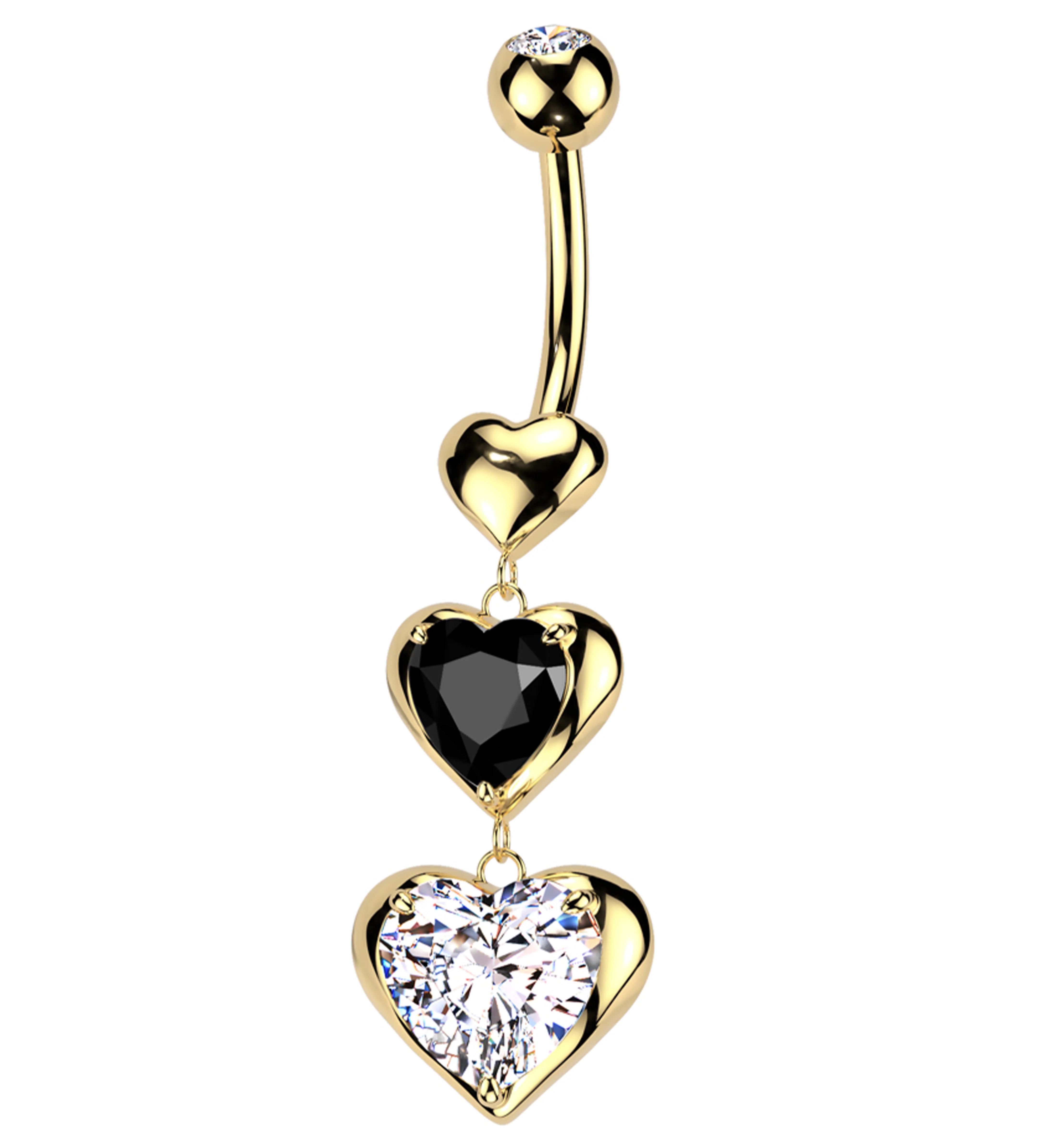 Gold PVD Triple Heart Dangle Clear And Black CZ Stainless Steel Belly Button Ring - Mrs Treak